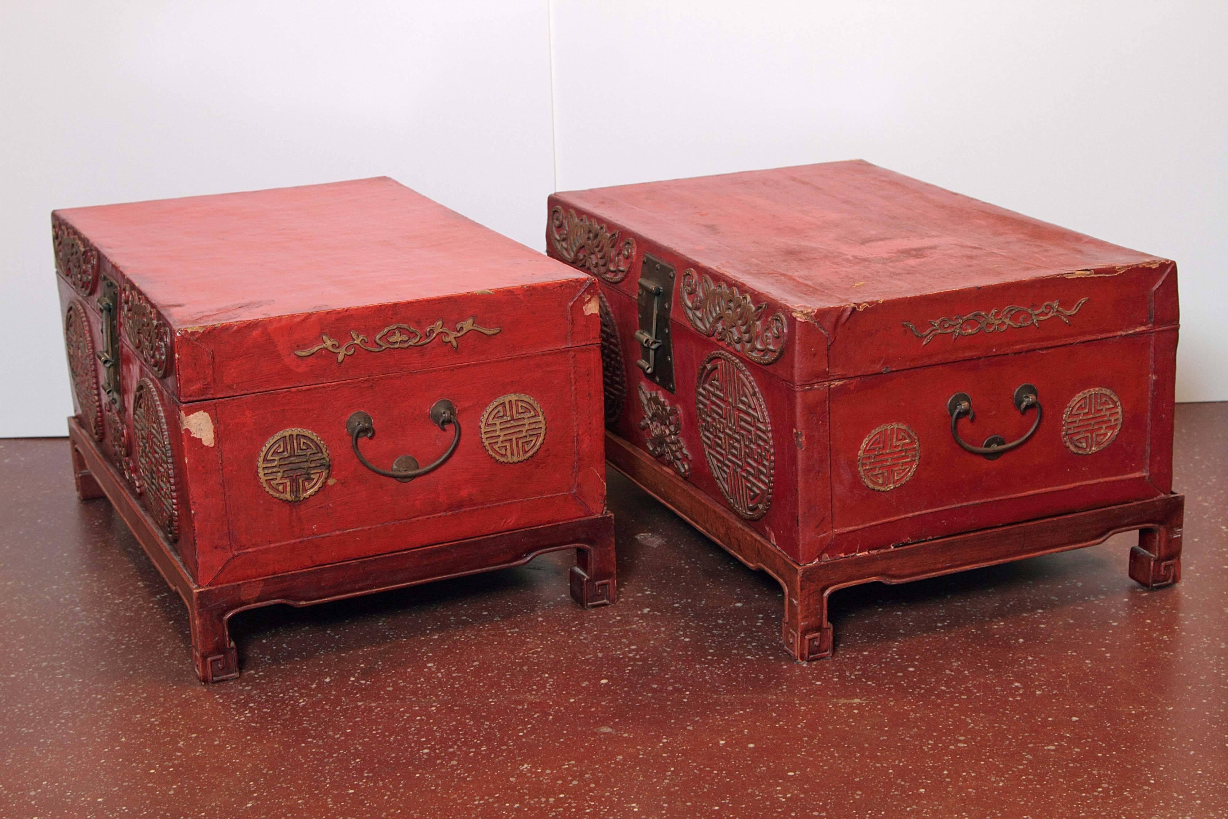 Ming Pair of Early 20th Century Chinese Red Lacquered Leather Trunks on Stands