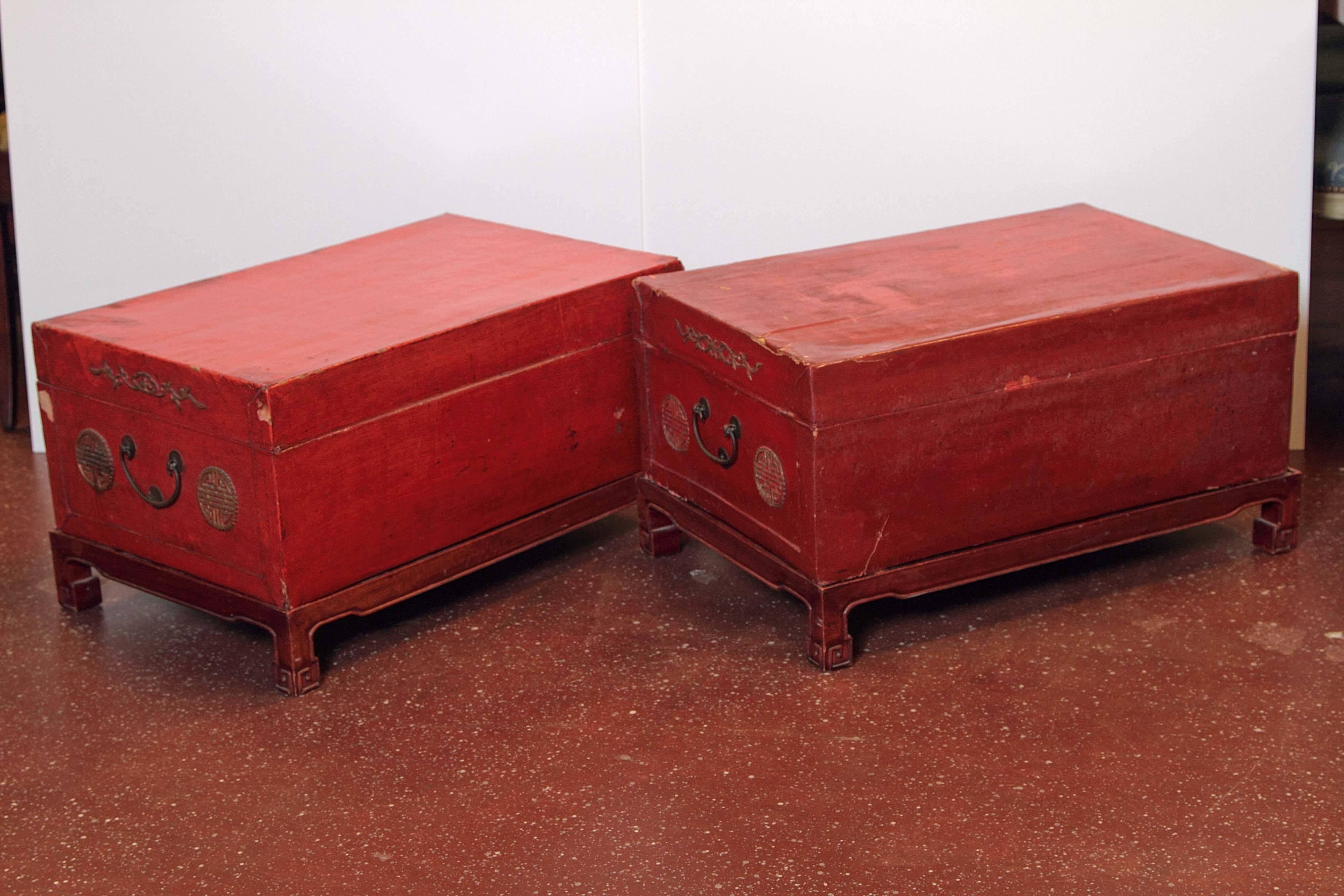 Pair of Early 20th Century Chinese Red Lacquered Leather Trunks on Stands 1