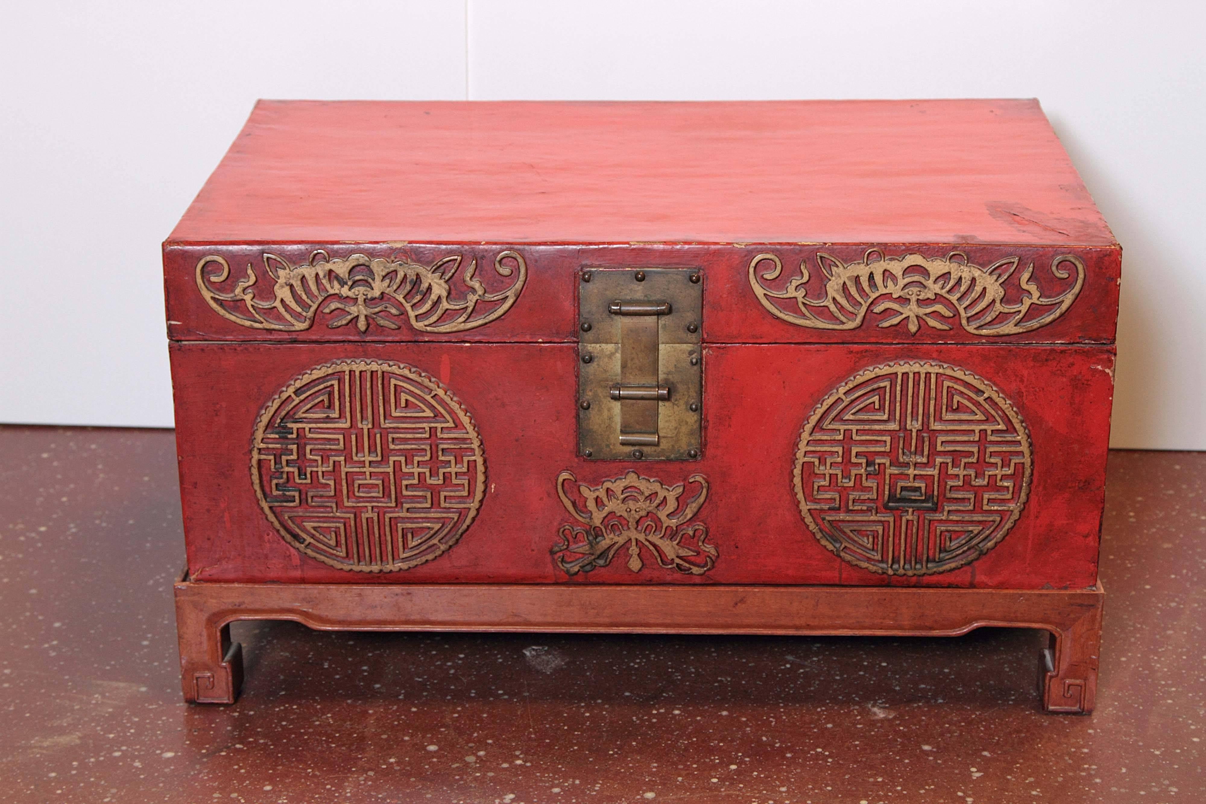 Pair of Early 20th Century Chinese Red Lacquered Leather Trunks on Stands 2