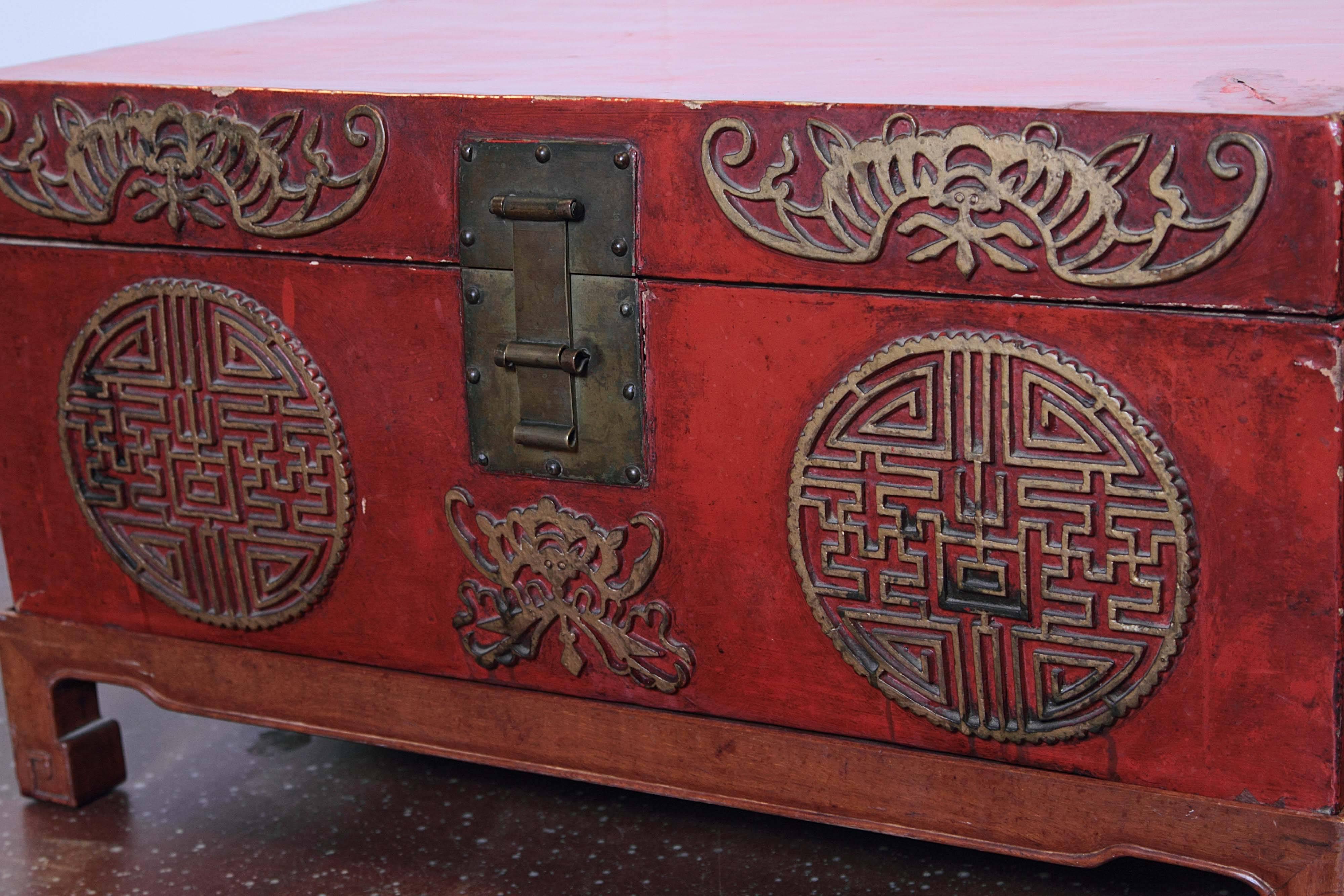 Pair of Early 20th Century Chinese Red Lacquered Leather Trunks on Stands 3