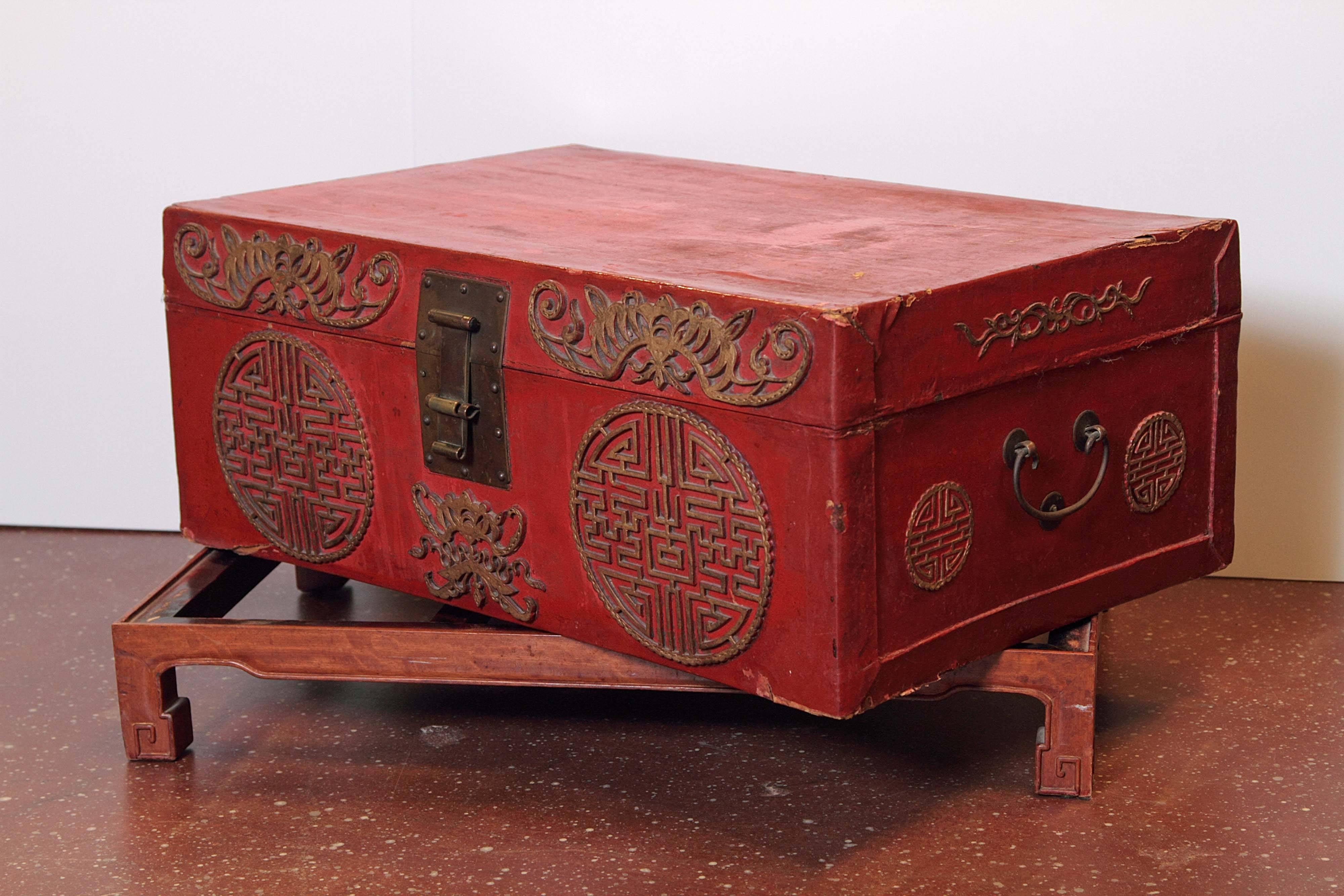 Pair of Early 20th Century Chinese Red Lacquered Leather Trunks on Stands 6