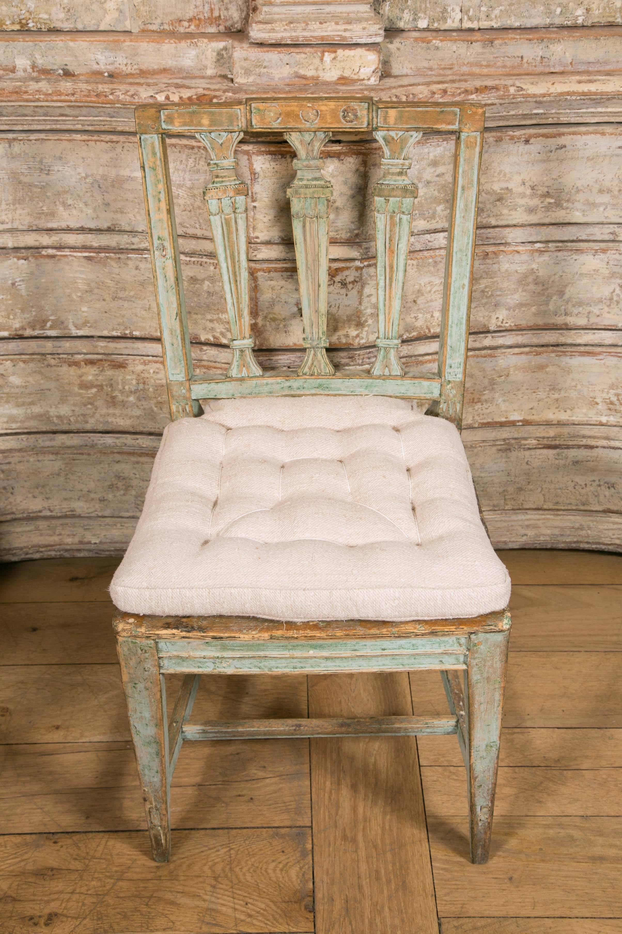 Painted Pair of Swedish Gustavian Chairs with Green Patina of Origin For Sale