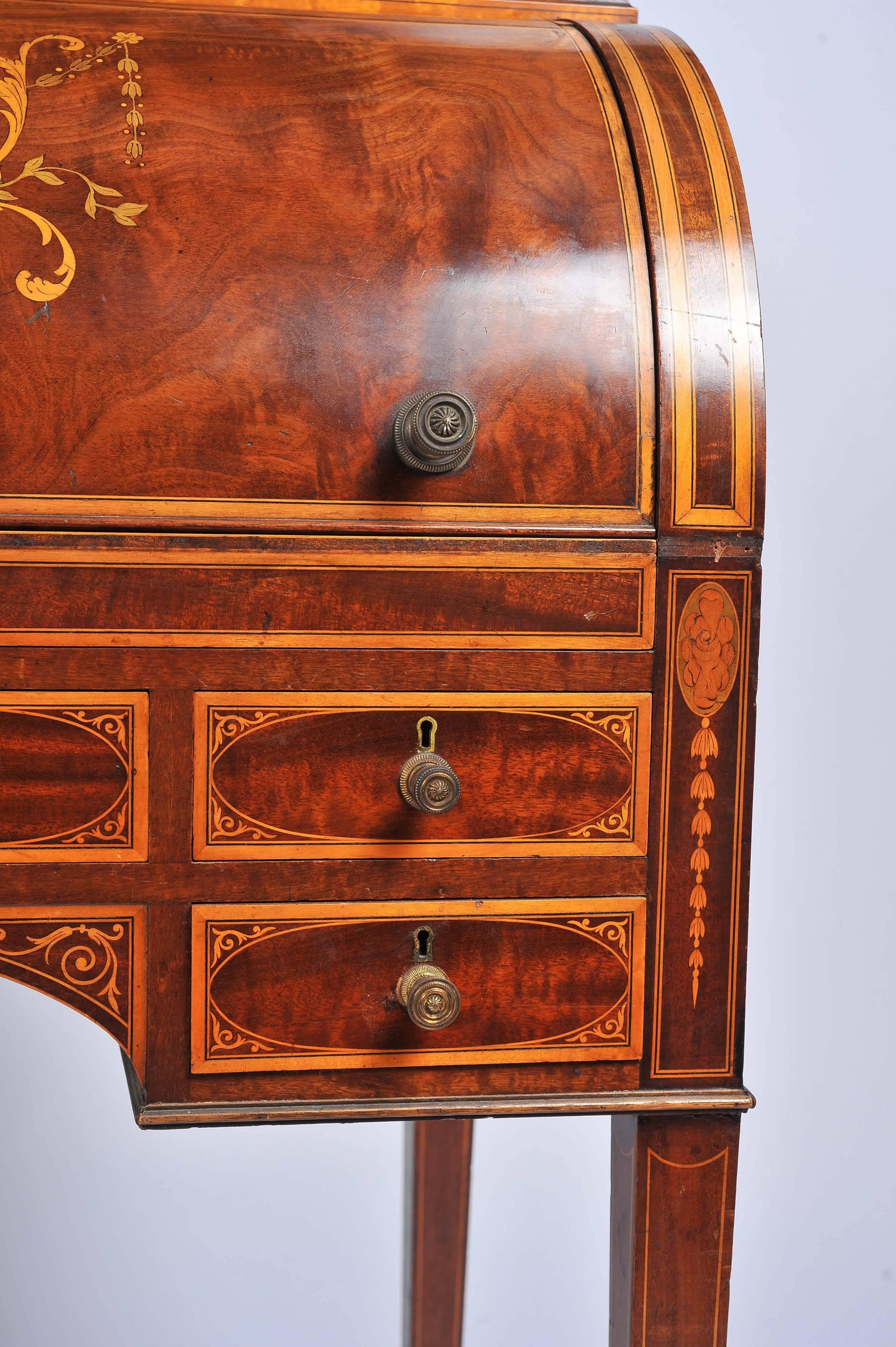 English Edwardian Mahogany Inlaid Cylinder Desk