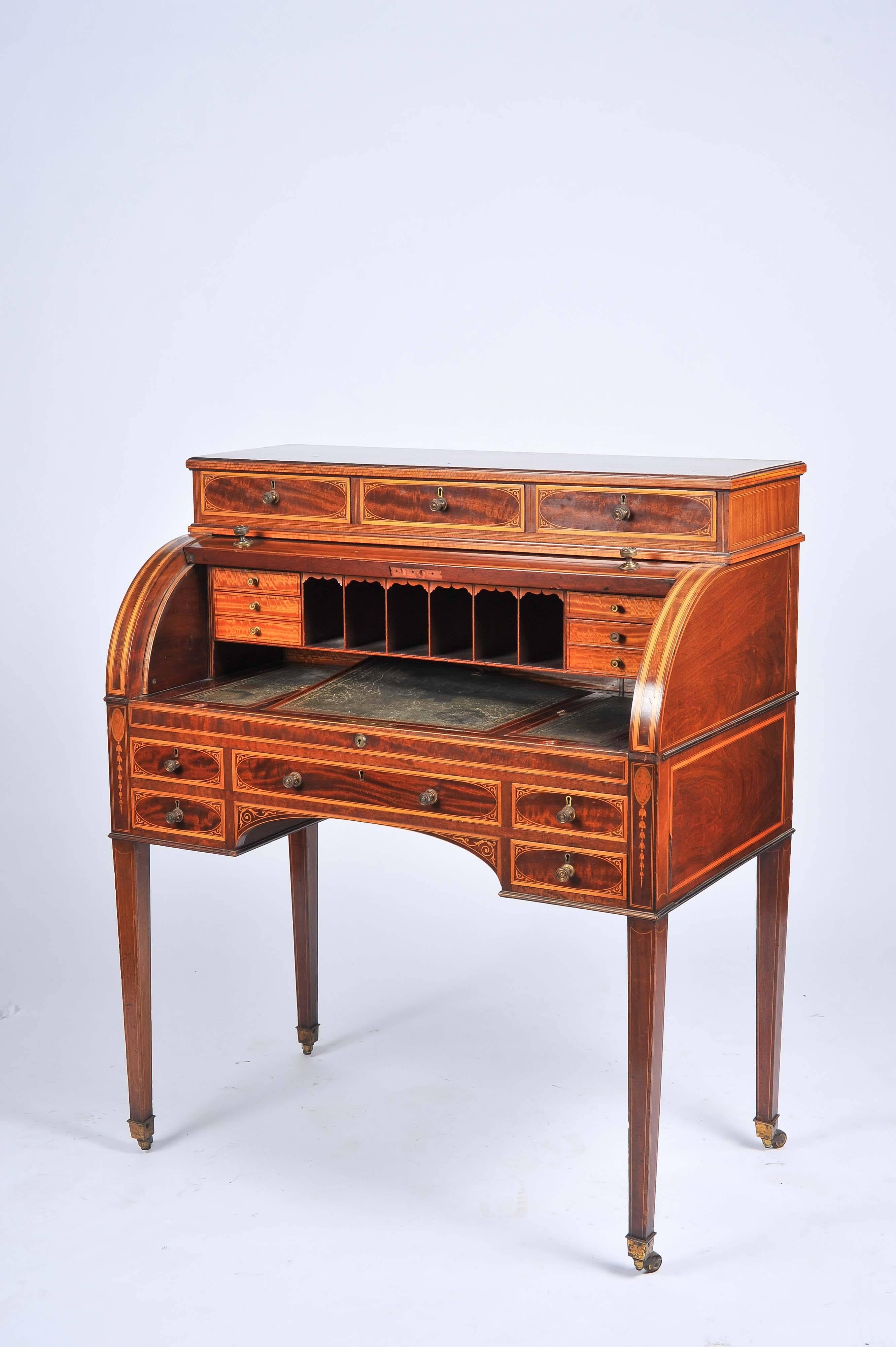 19th Century Edwardian Mahogany Inlaid Cylinder Desk