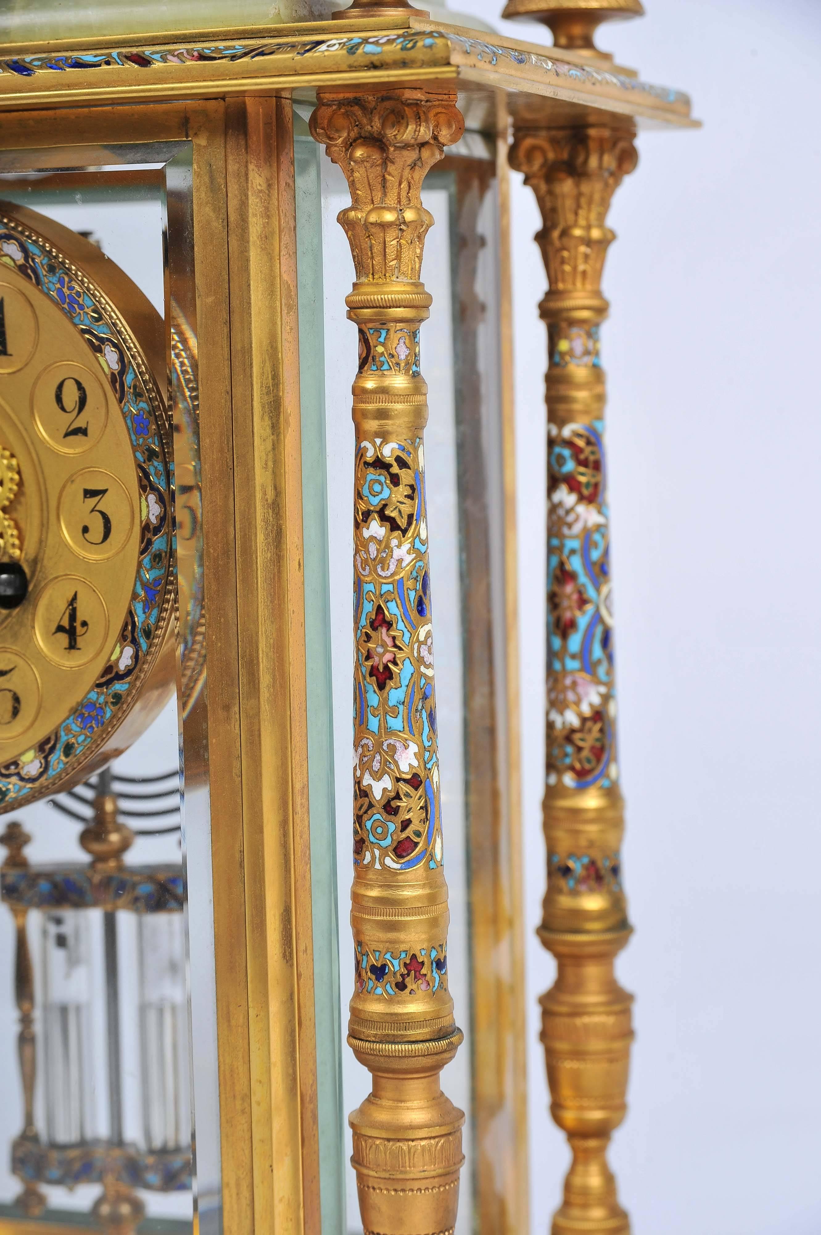 19th Century French Onyx, Champleve Enamel Clock Set 1