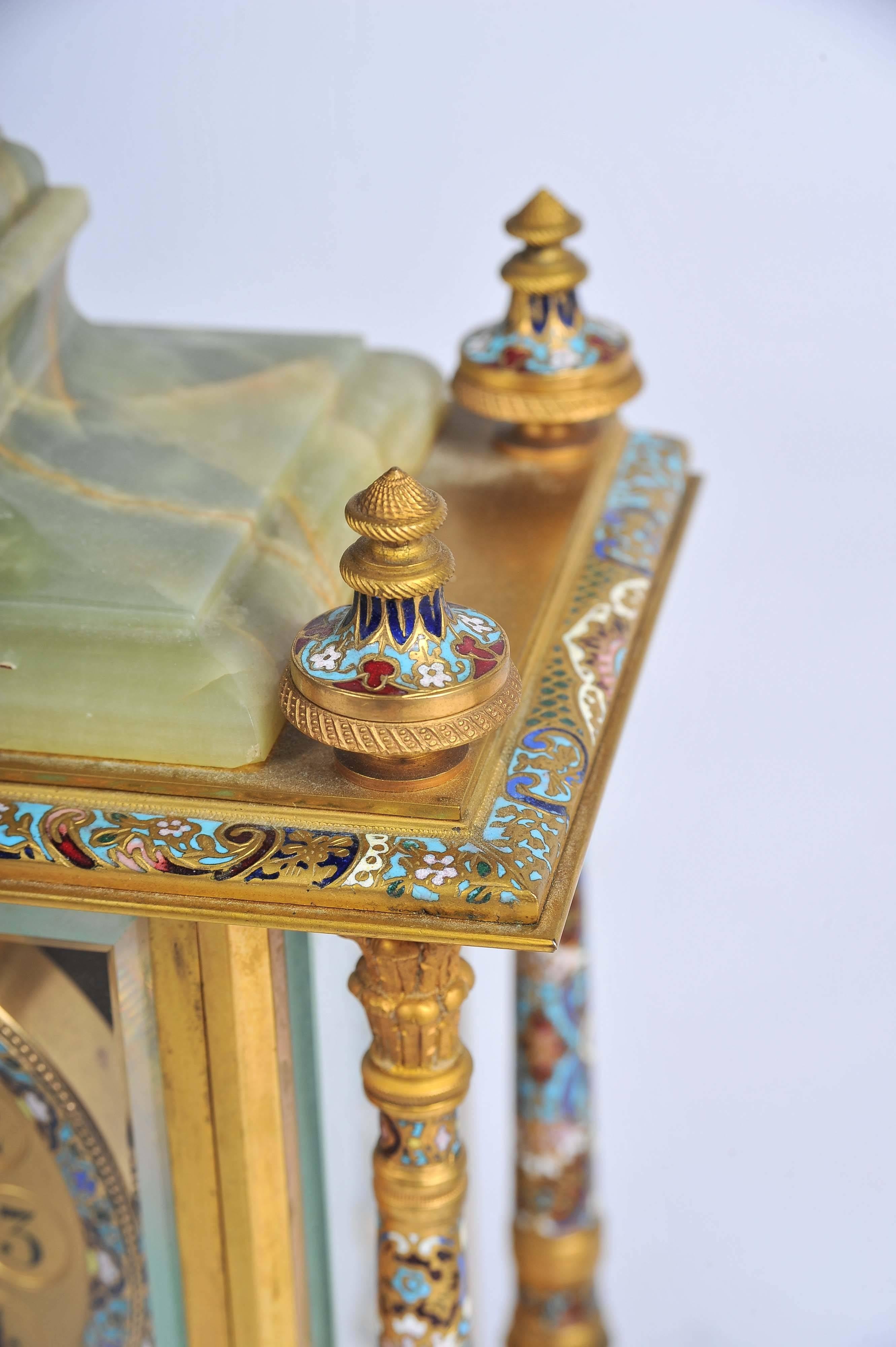 19th Century French Onyx, Champleve Enamel Clock Set 2