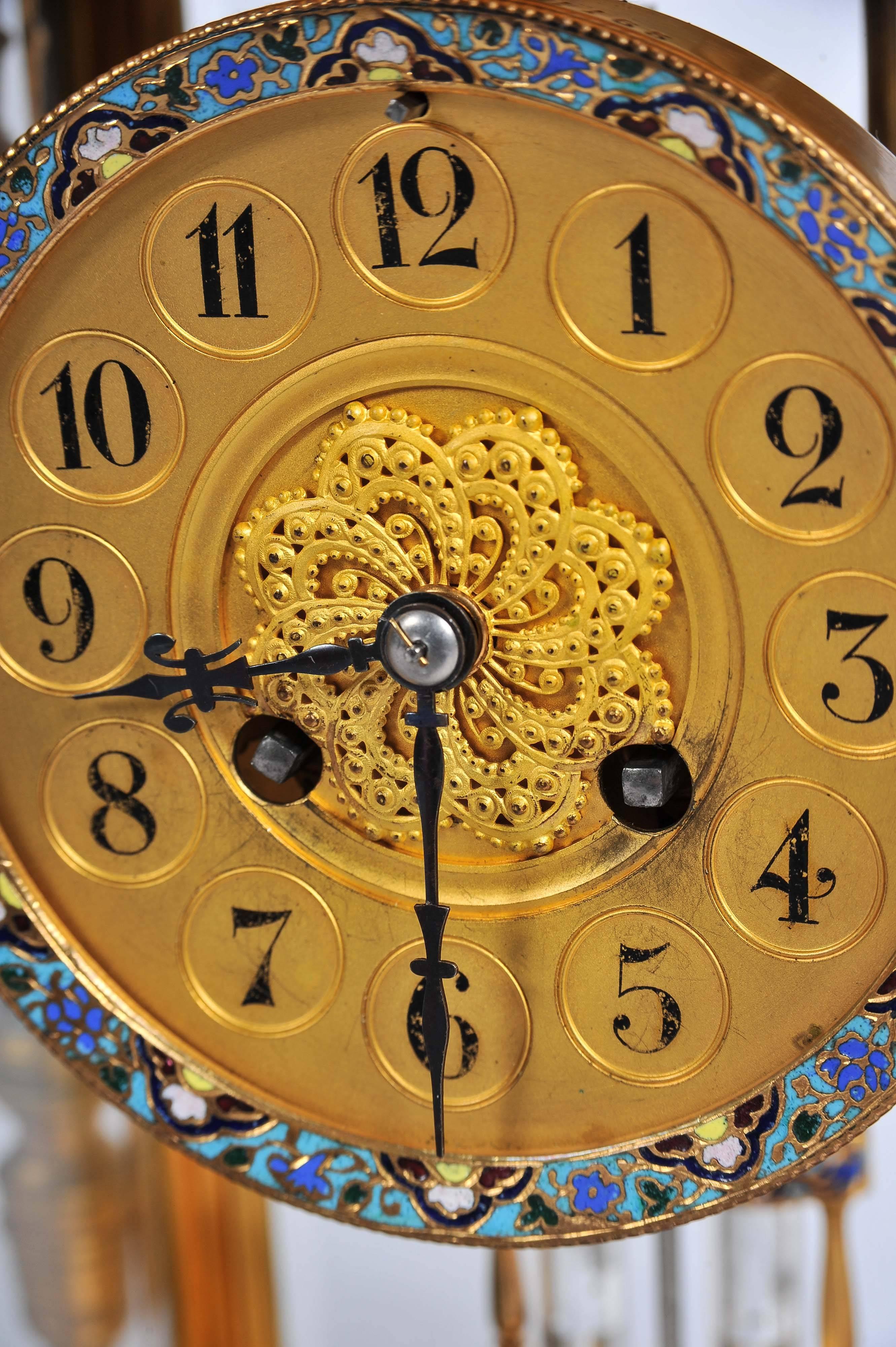 19th Century French Onyx, Champleve Enamel Clock Set 3