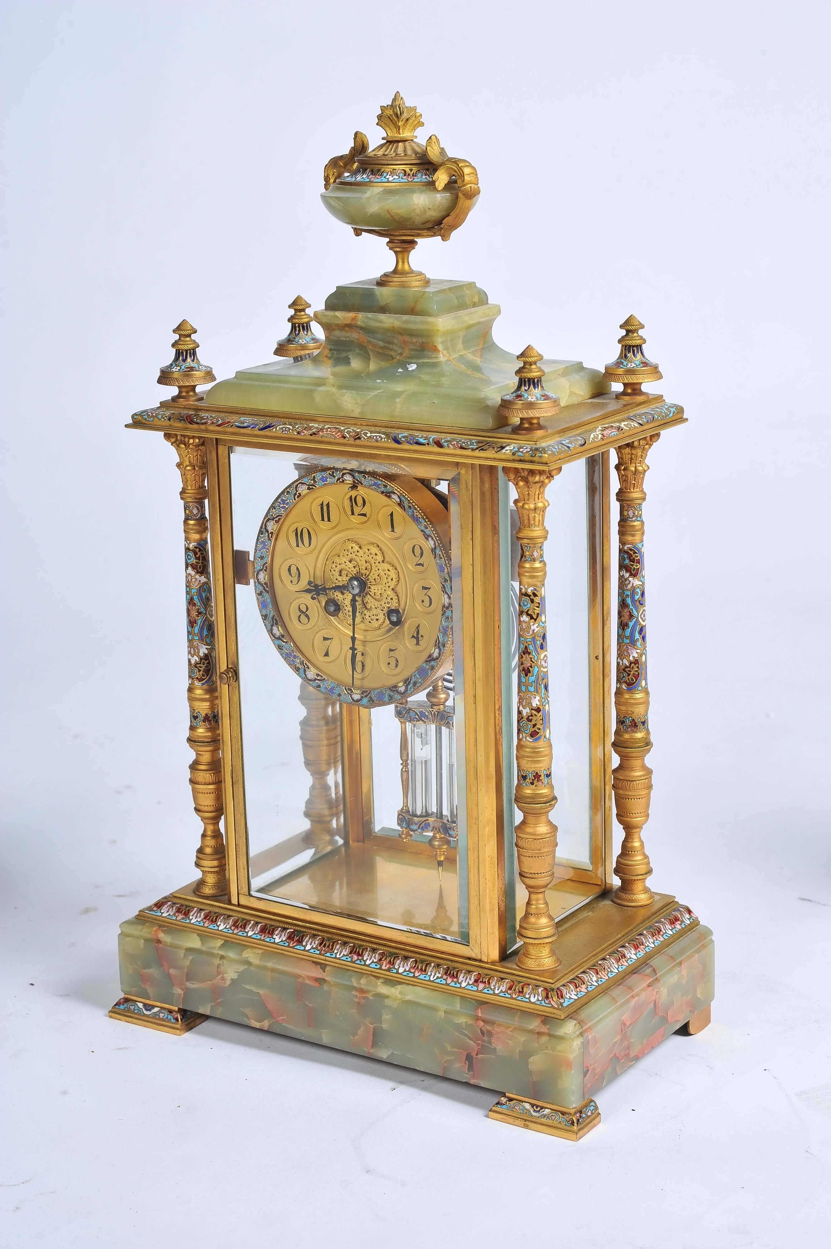 19th Century French Onyx, Champleve Enamel Clock Set 4