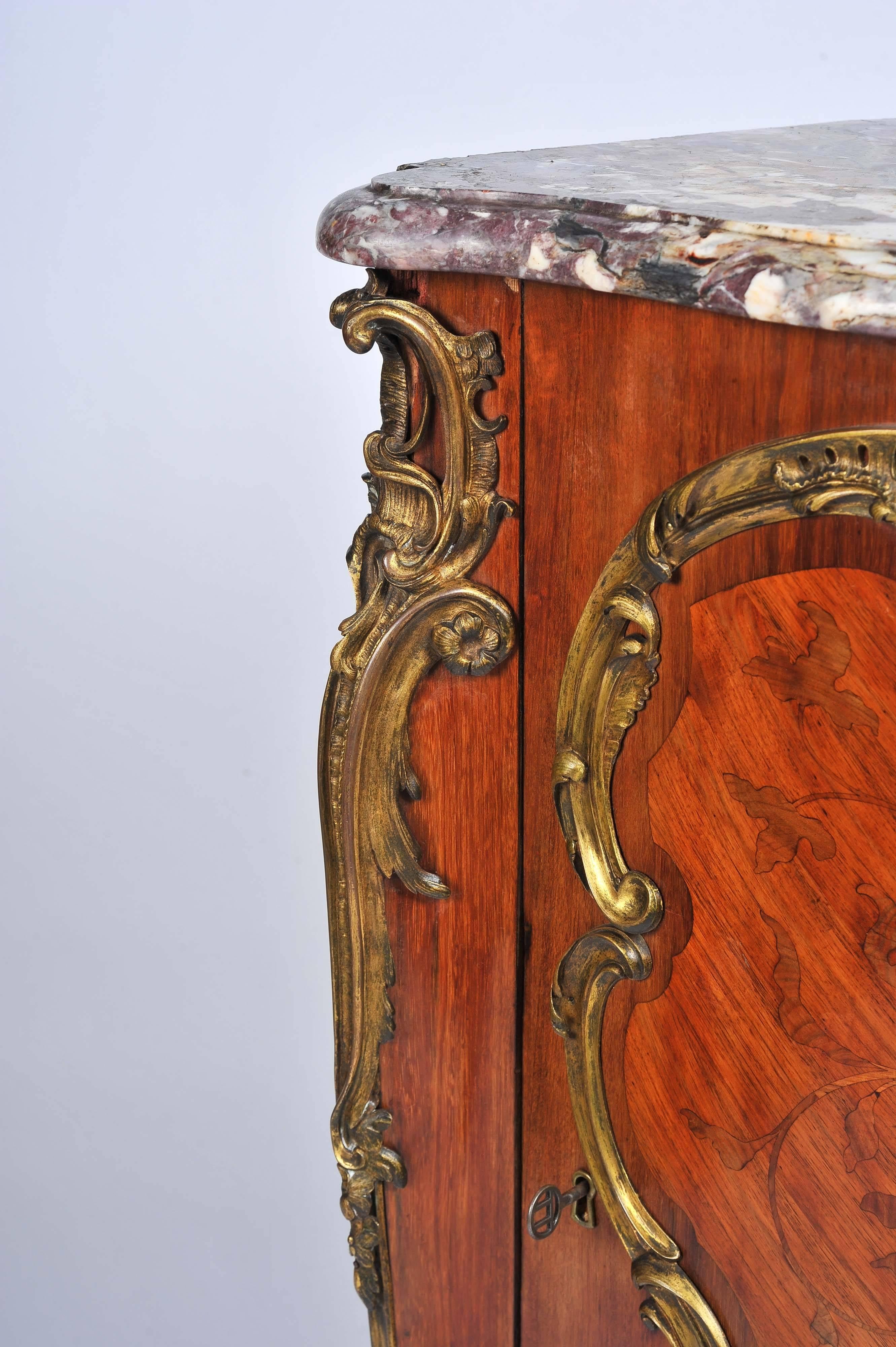 Gilt 19th Century, French, Kingwood Marquetry Corner Cabinet For Sale