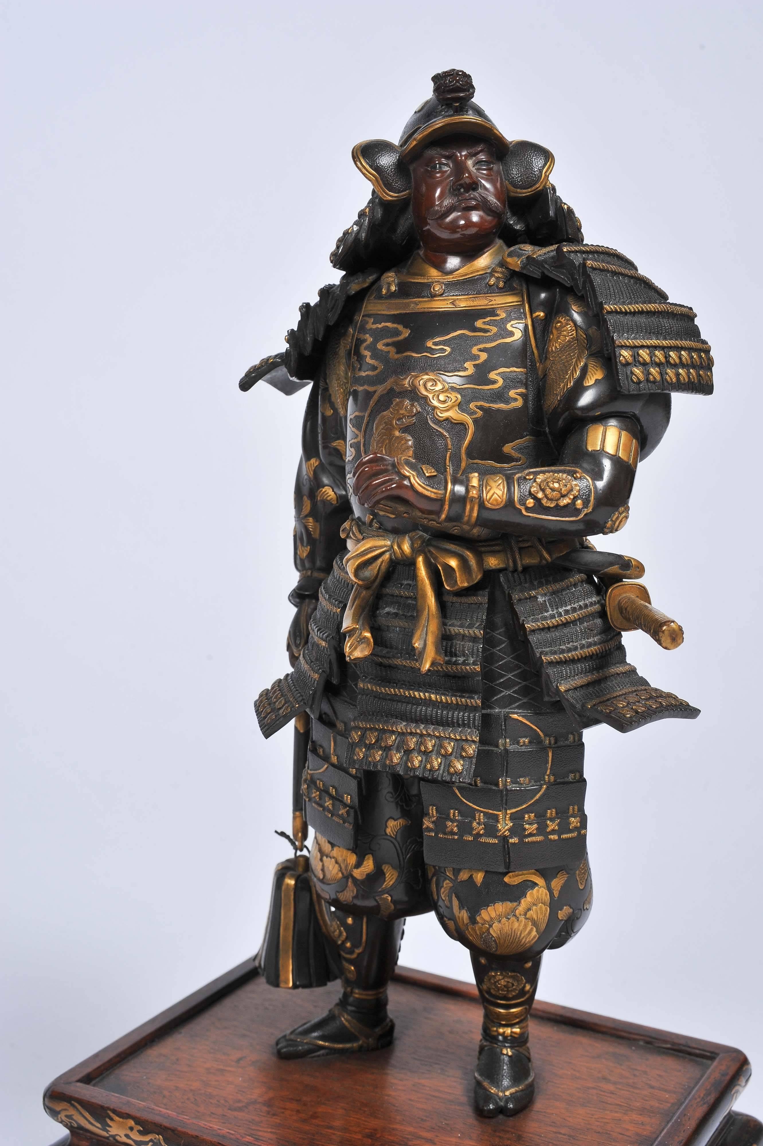 Cast Near Pair of Meiji Period Japanese Bronze Samurai Warriors