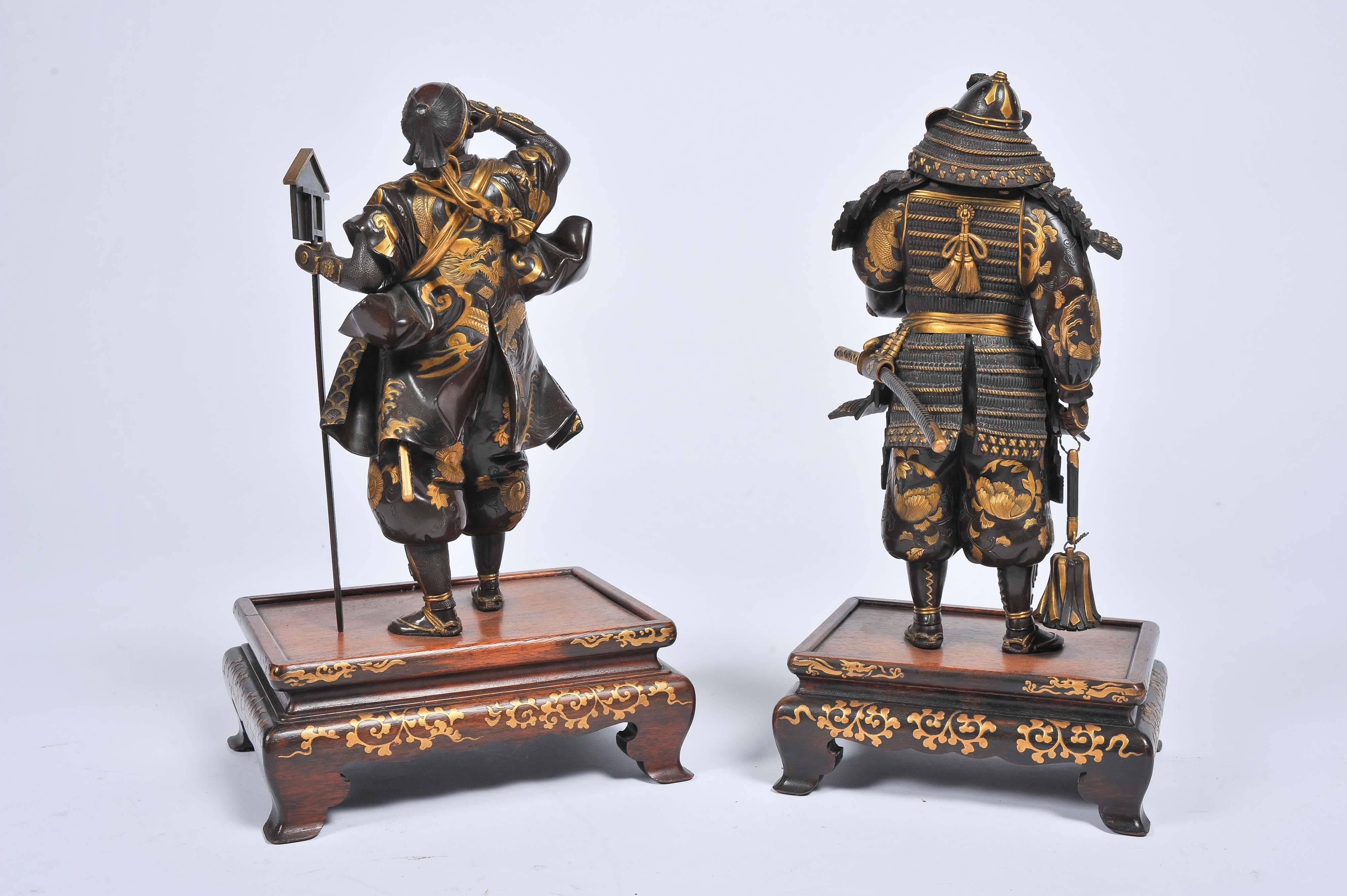 Near Pair of Meiji Period Japanese Bronze Samurai Warriors 1