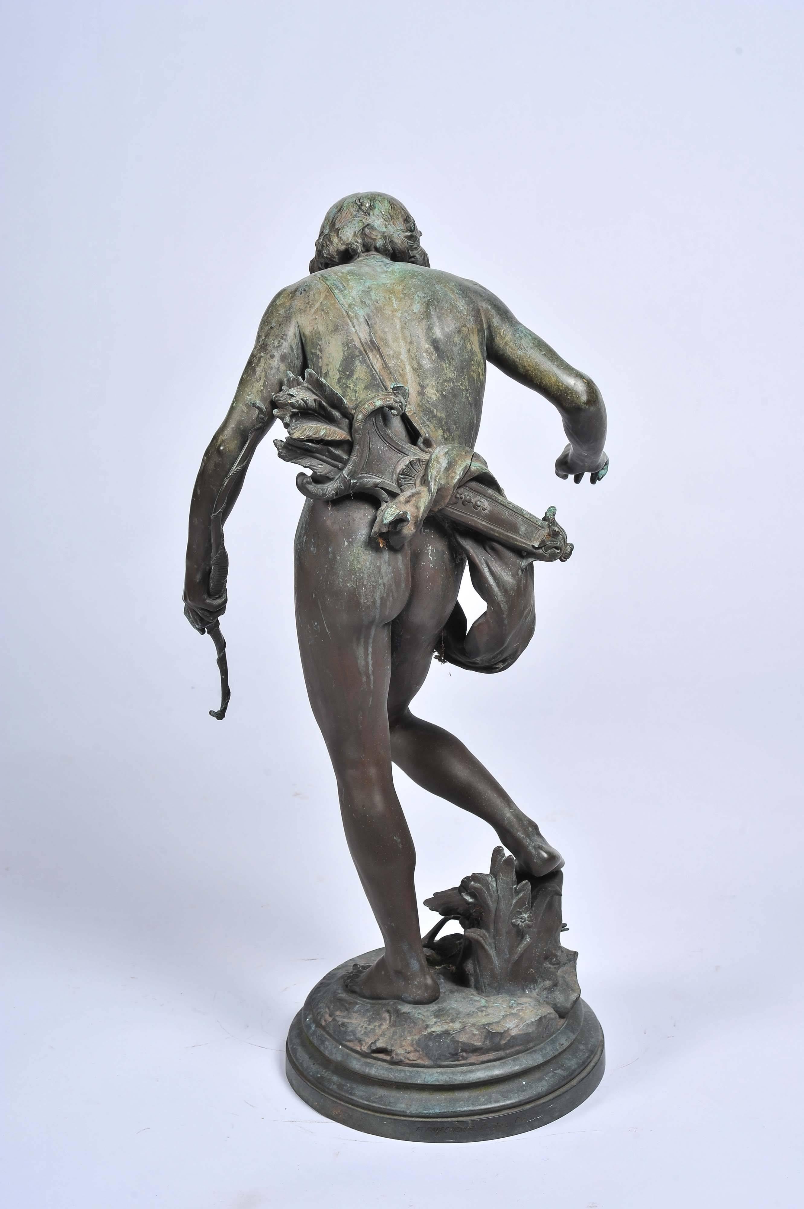 French Antique Bronze Archer Sculpture, Eugene Quinton, Barbedienne 29.5