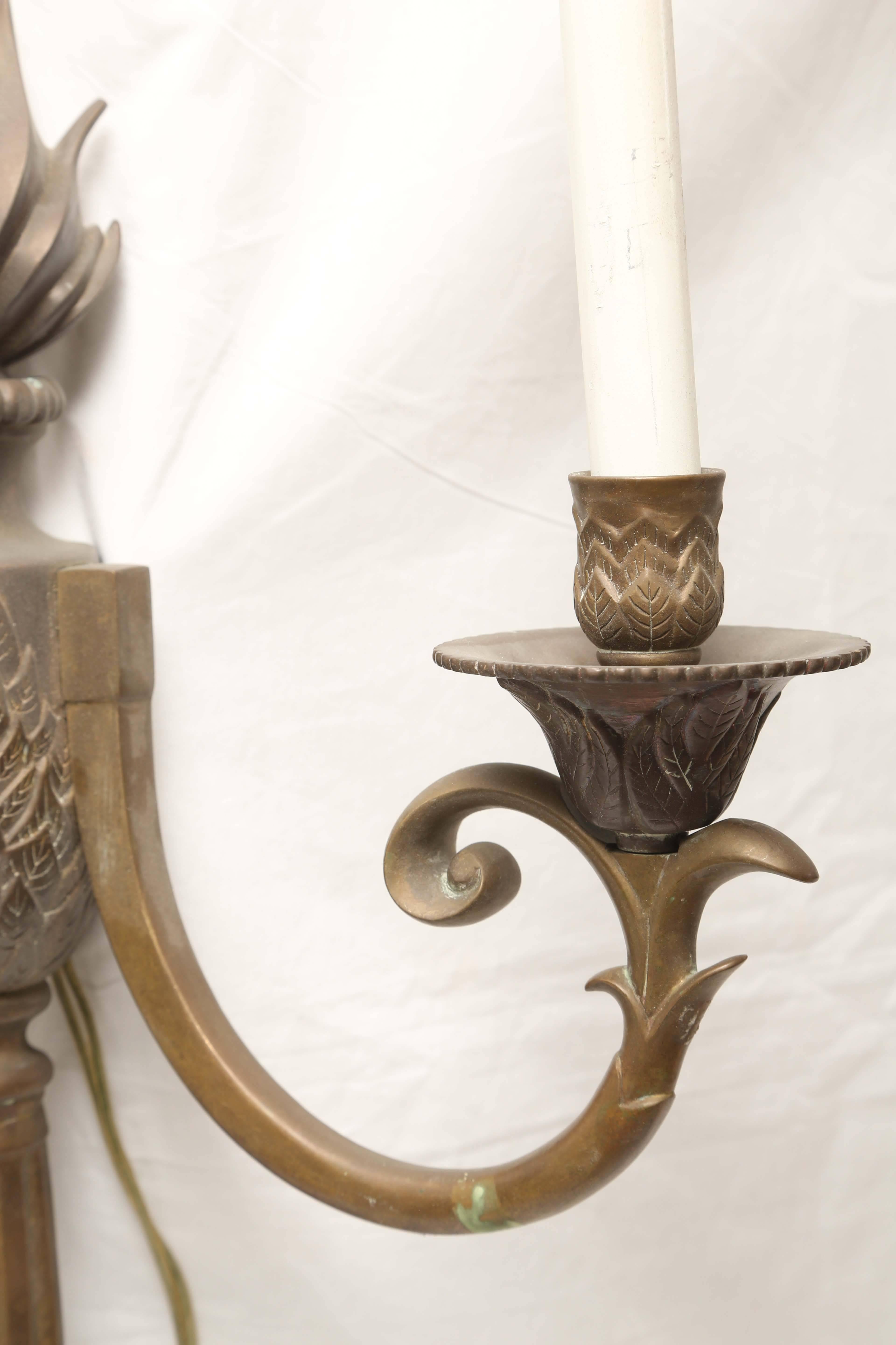 Early 20th Century French Neoclassical Flame Bronze Lights or Sconces Stately In Good Condition For Sale In Miami, FL
