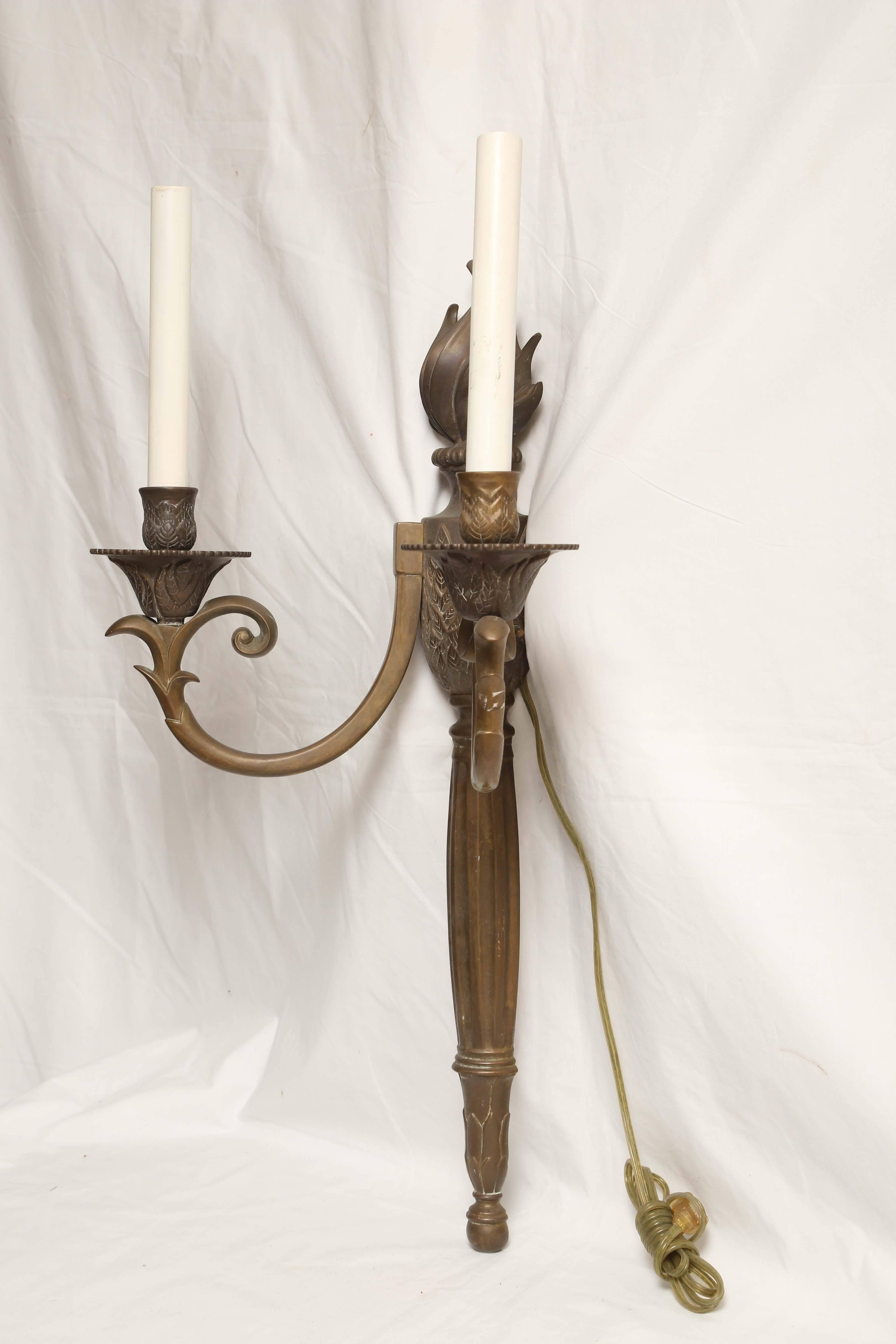 Early 20th Century French Neoclassical Flame Bronze Lights or Sconces Stately For Sale 3