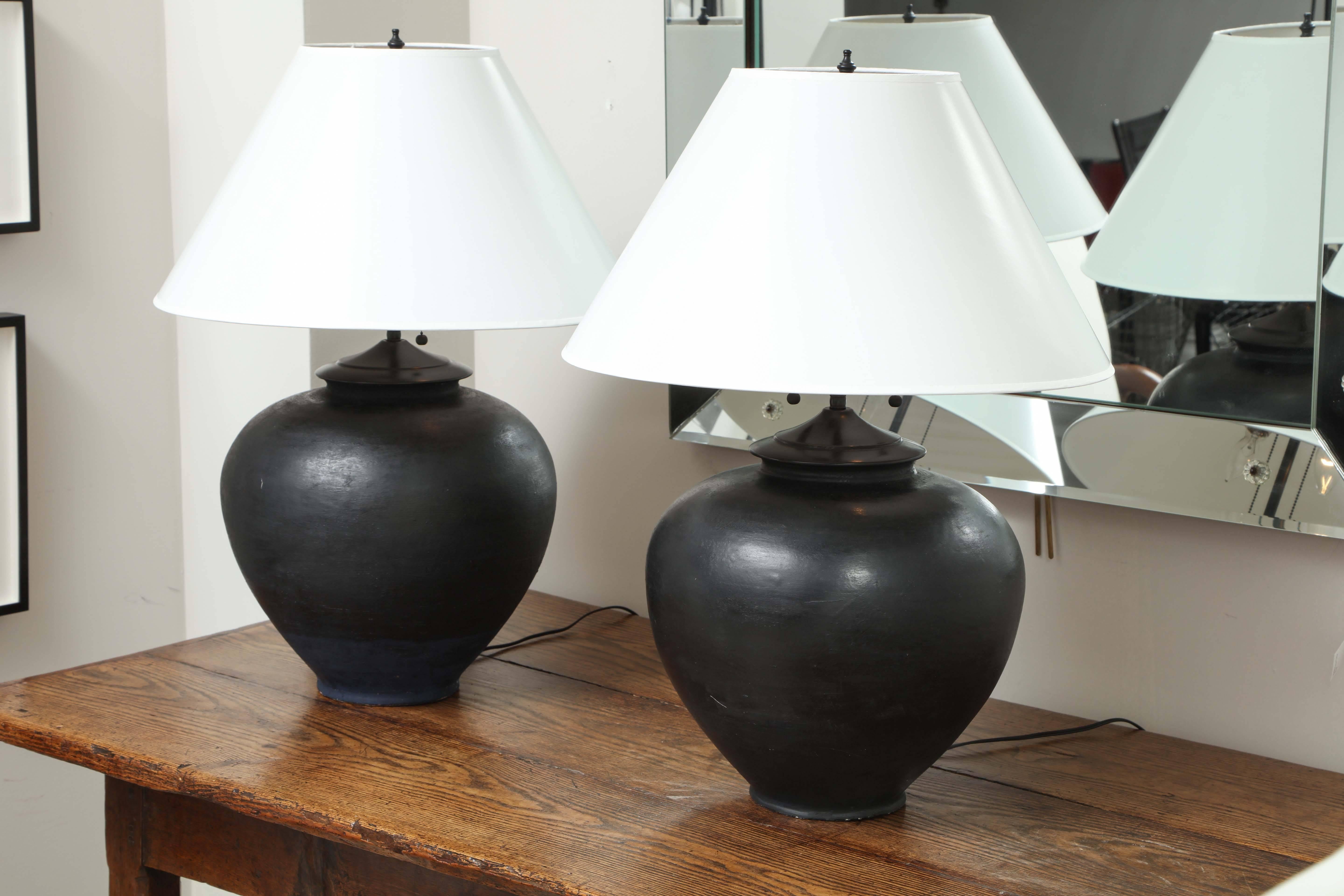 Pair of Late 19th Century Terracotta Wine Vessel Lamps, Black Glaze In Good Condition In New York, NY