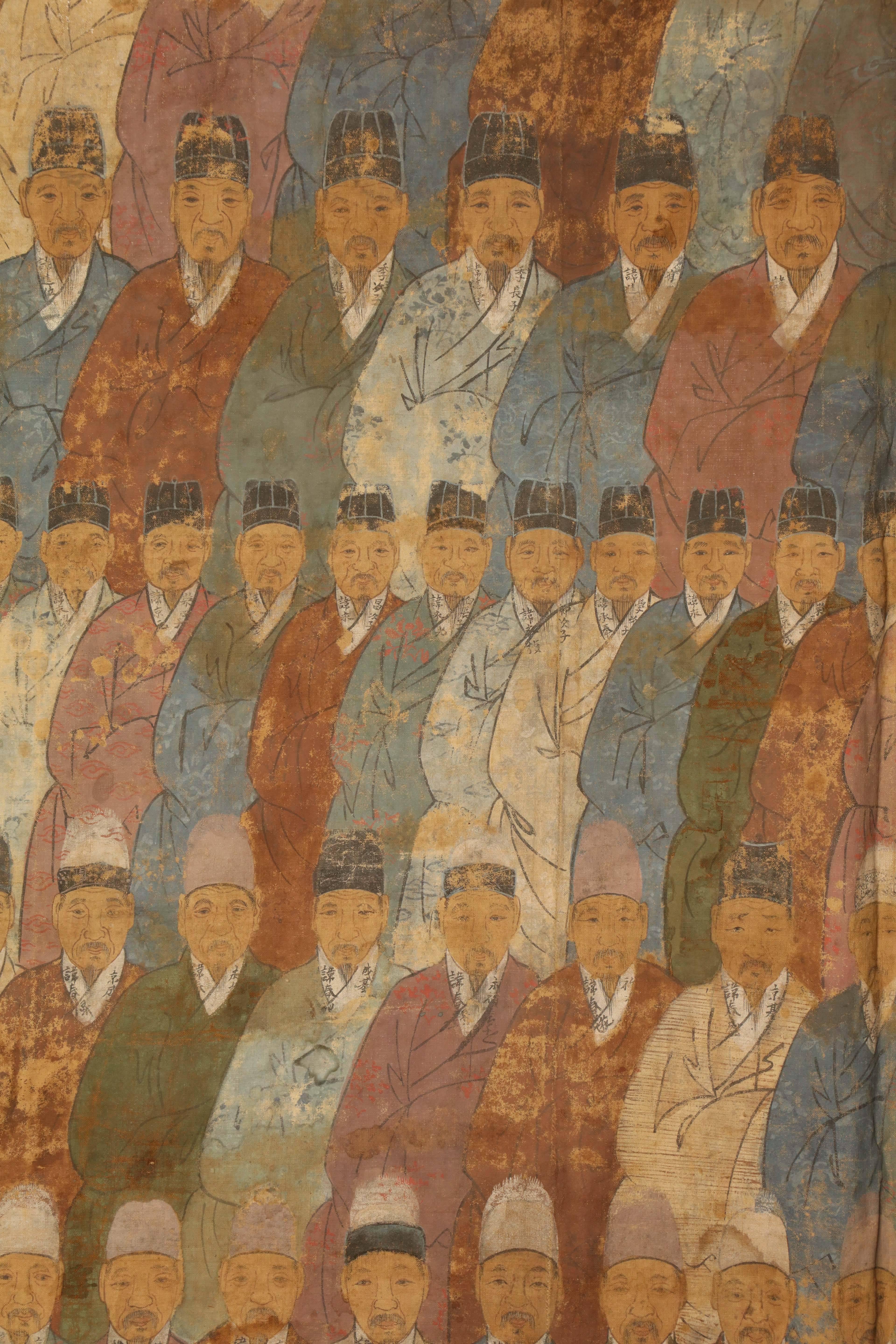 Large 19th century Chinese ancestor painting of men, oil on canvas.