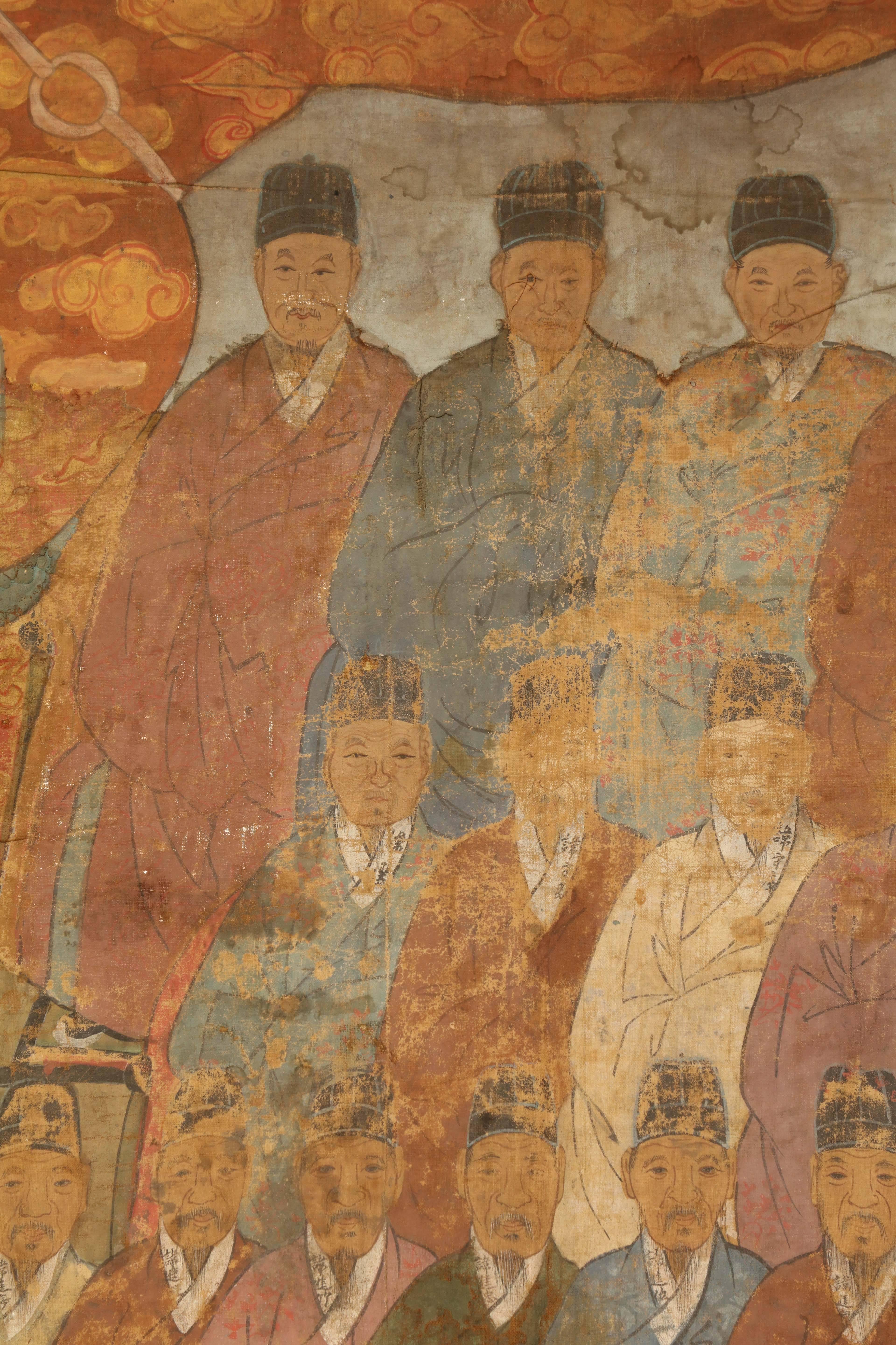 Large 19th Century Chinese Ancestor Painting of Men, Oil on Canvas In Good Condition In New York, NY