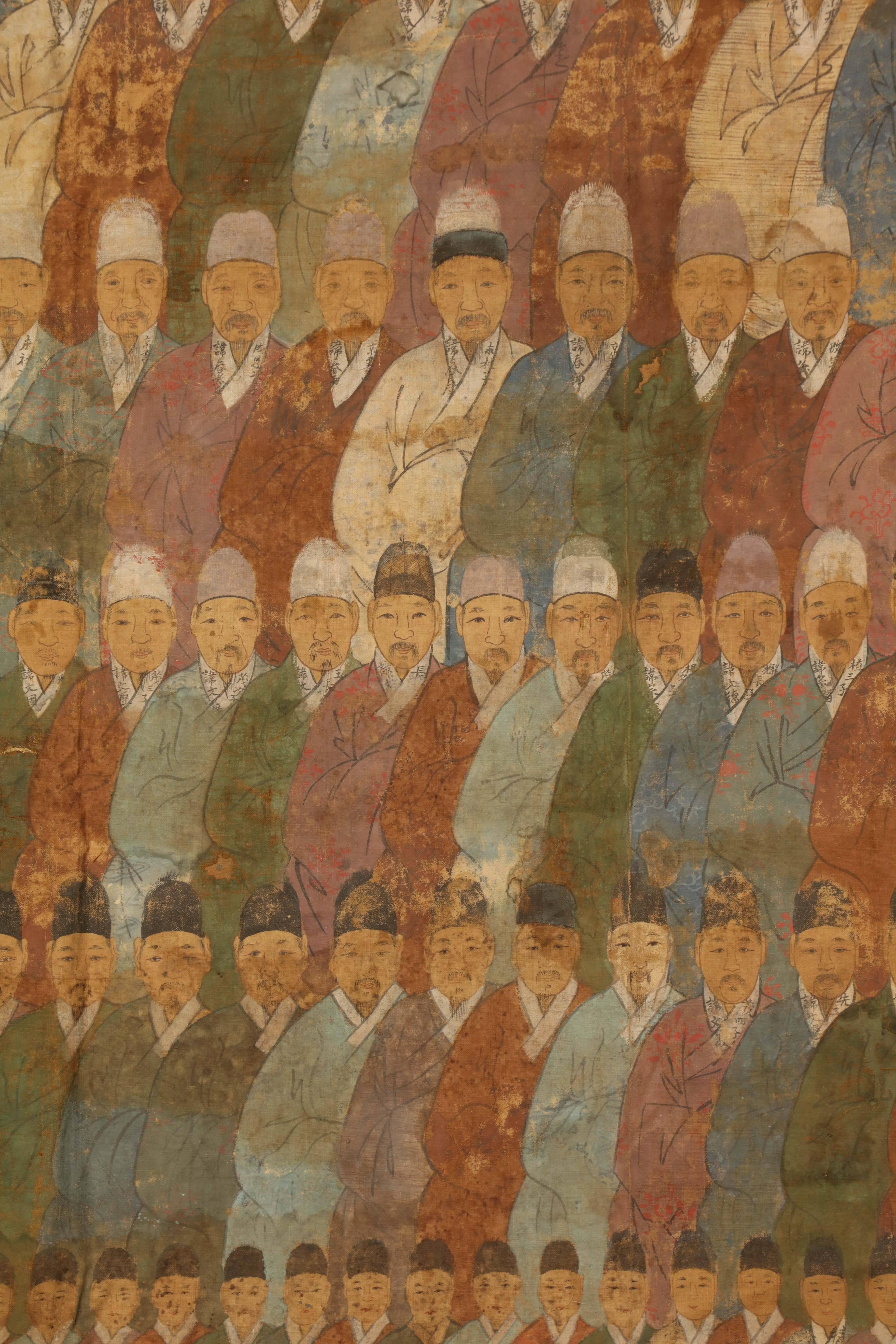 Large 19th Century Chinese Ancestor Painting of Men, Oil on Canvas 3