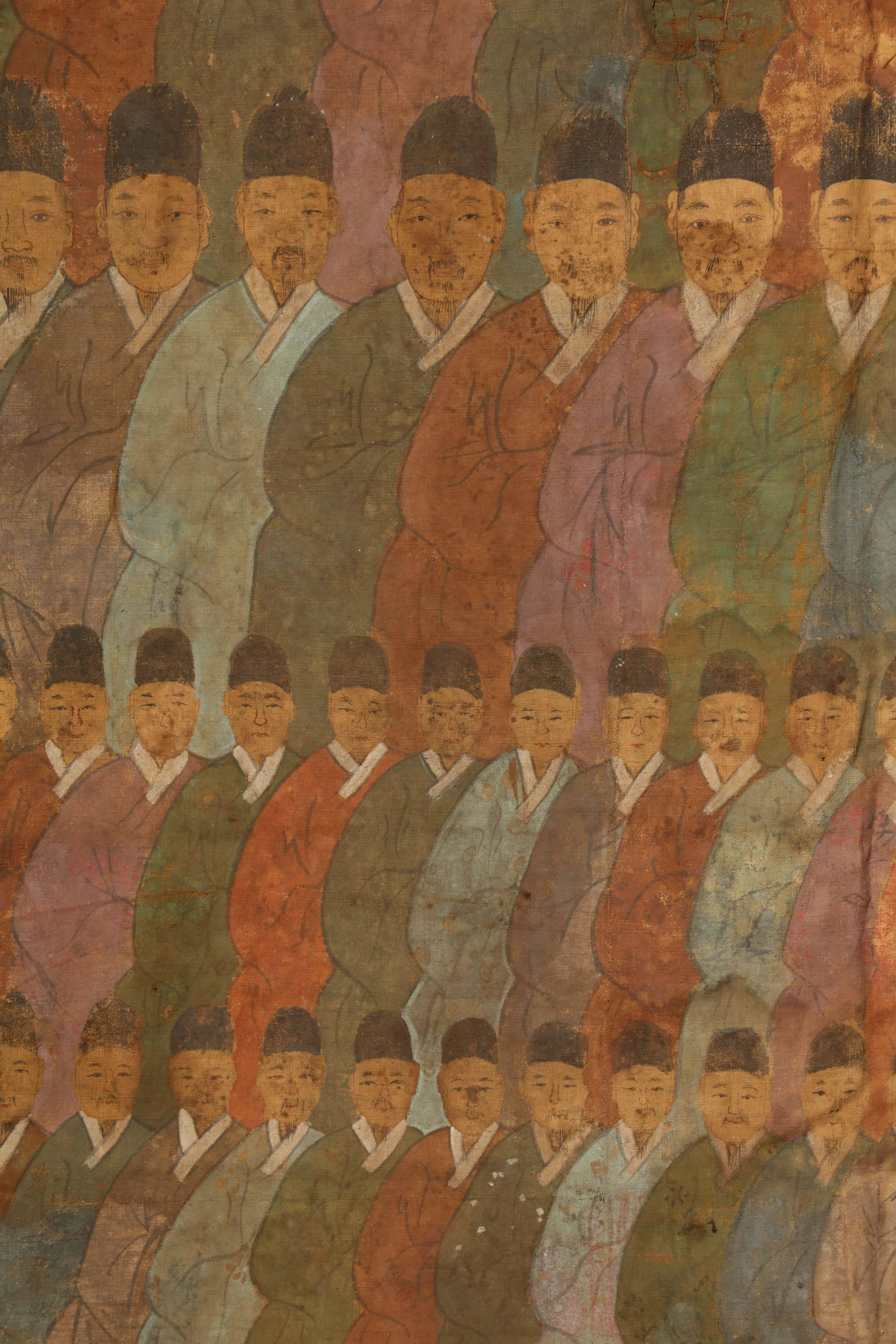 Large 19th Century Chinese Ancestor Painting of Men, Oil on Canvas 4