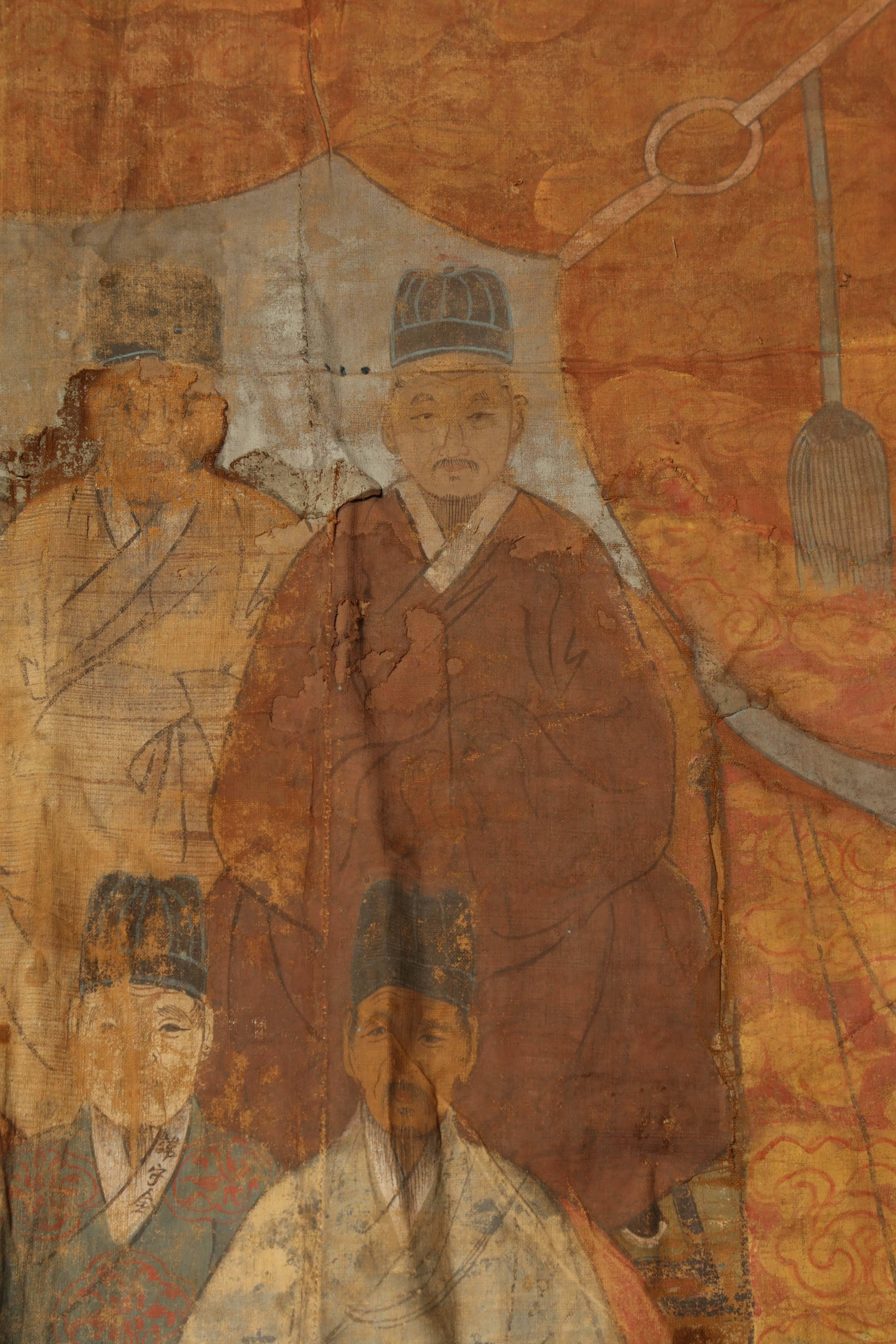 Large 19th Century Chinese Ancestor Painting of Men, Oil on Canvas 5