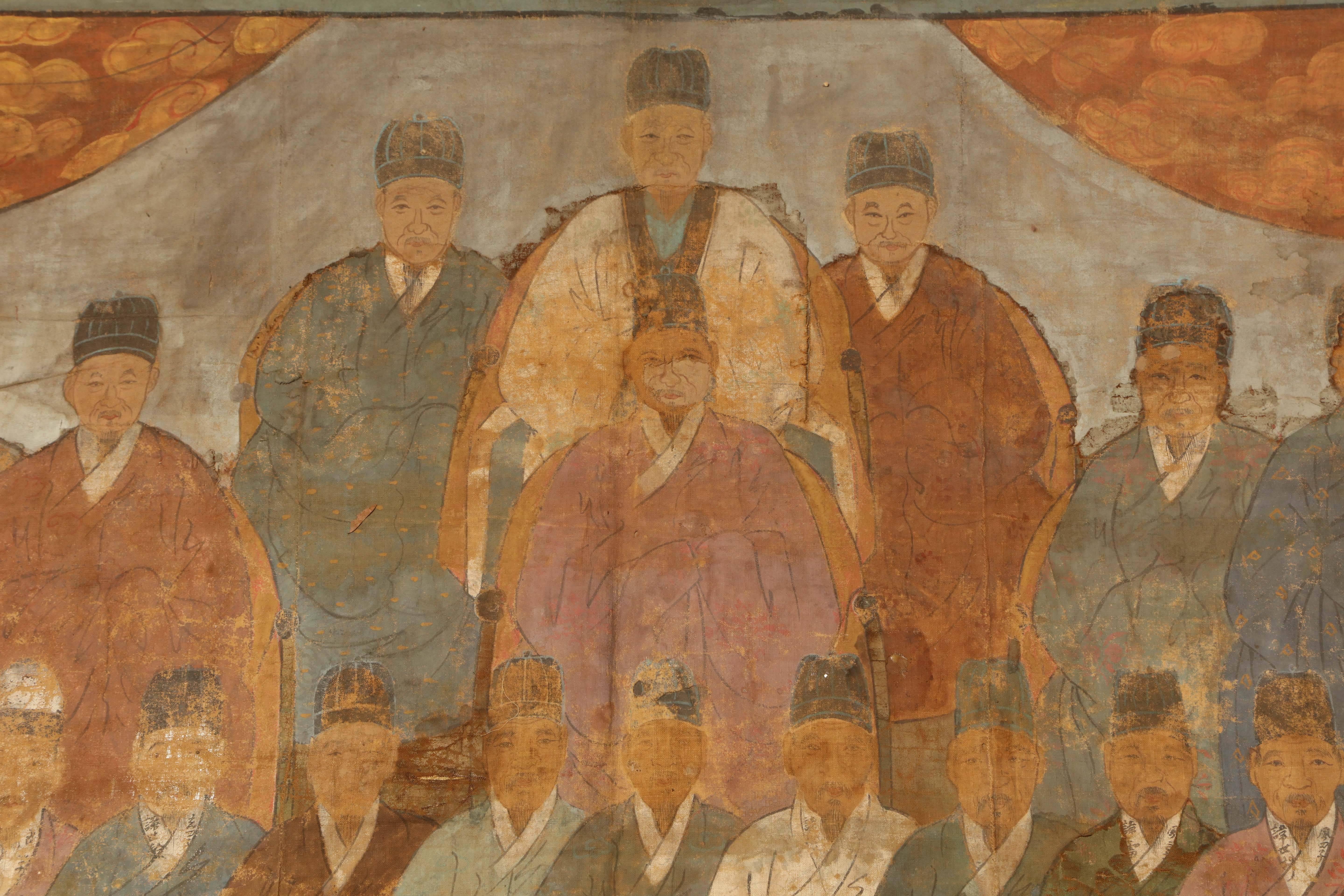 Large 19th Century Chinese Ancestor Painting of Men, Oil on Canvas 6
