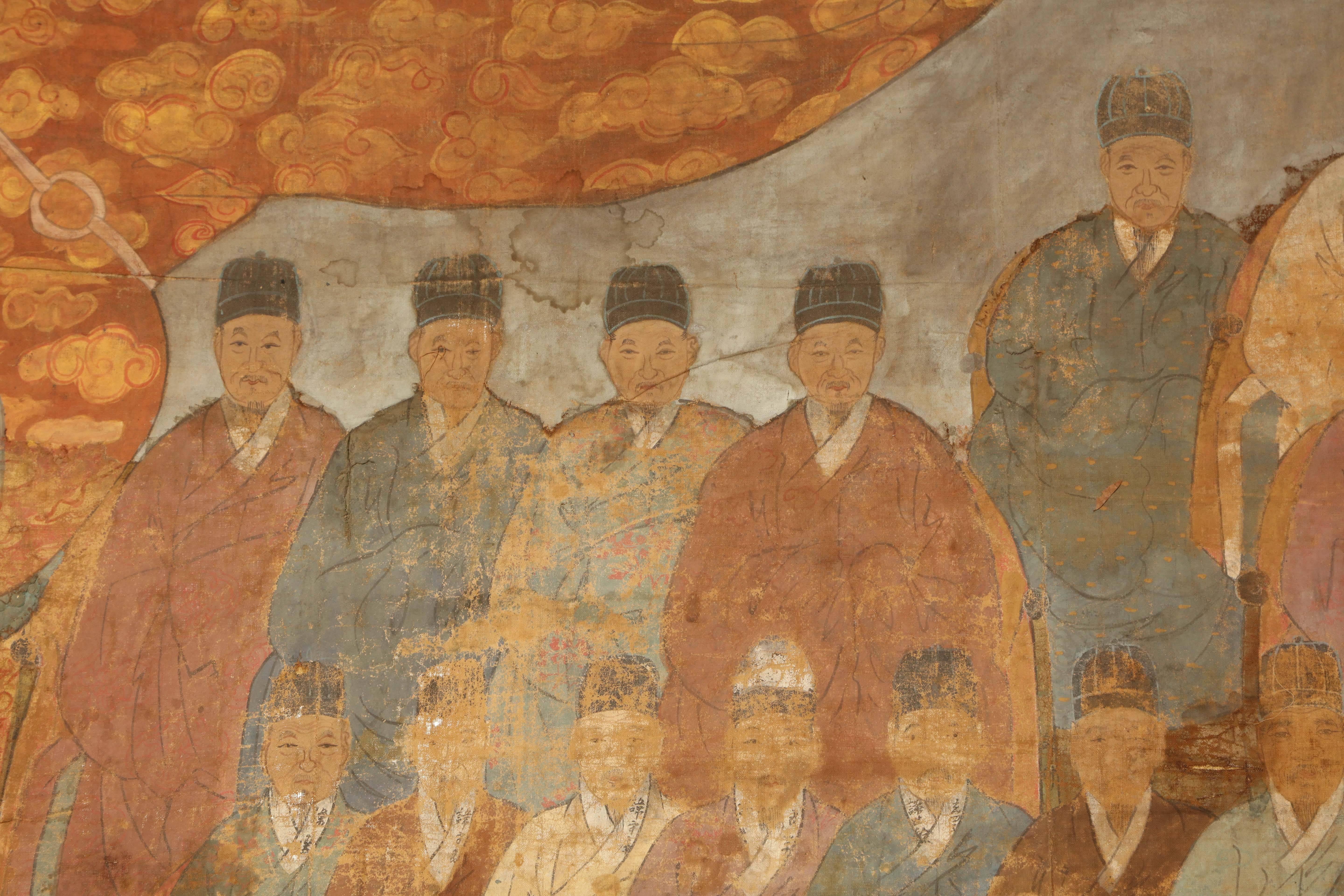 Large 19th Century Chinese Ancestor Painting of Men, Oil on Canvas 7