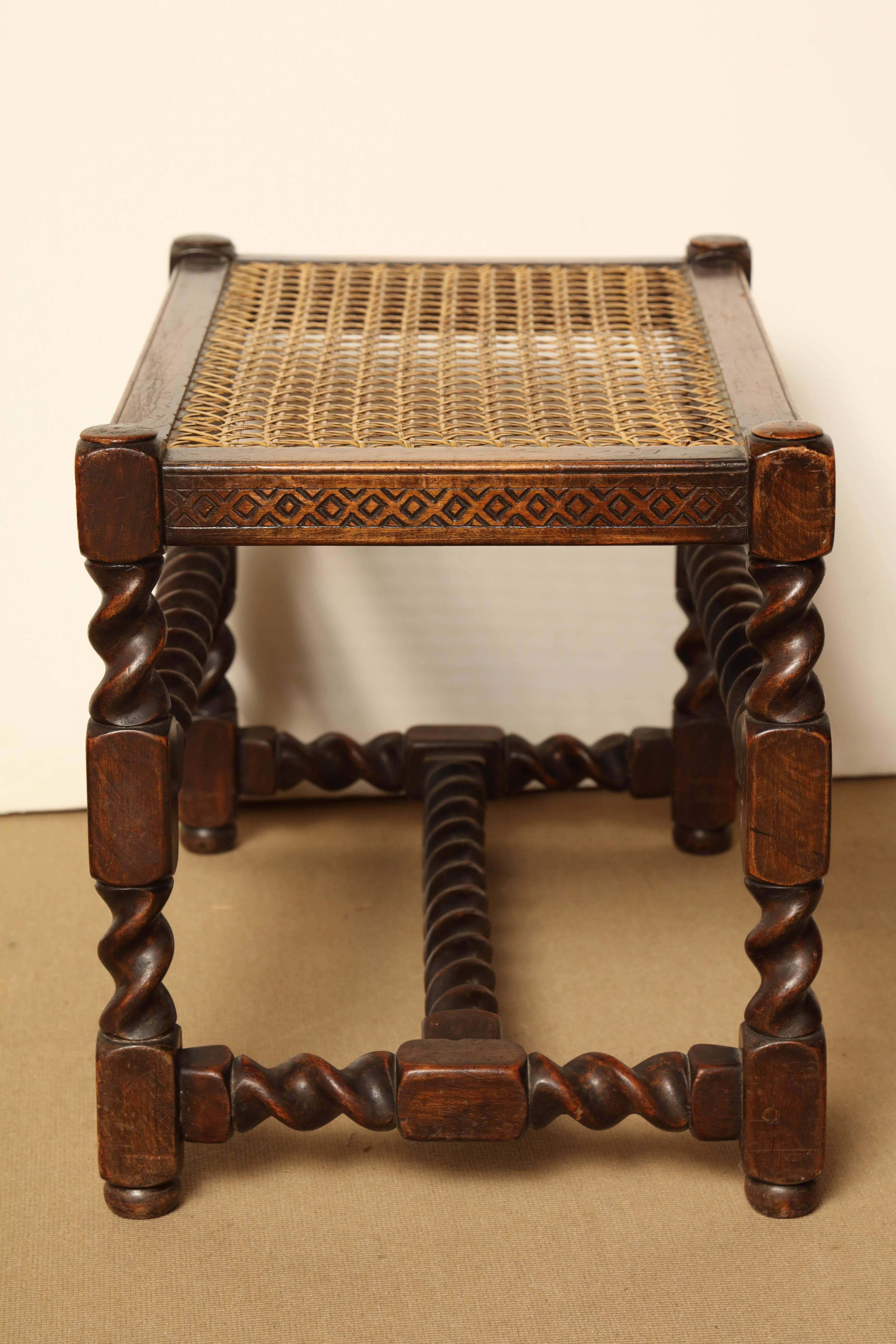 Walnut and Caned Stool with Geometric Frieze and Barley Twist Stretchers 4