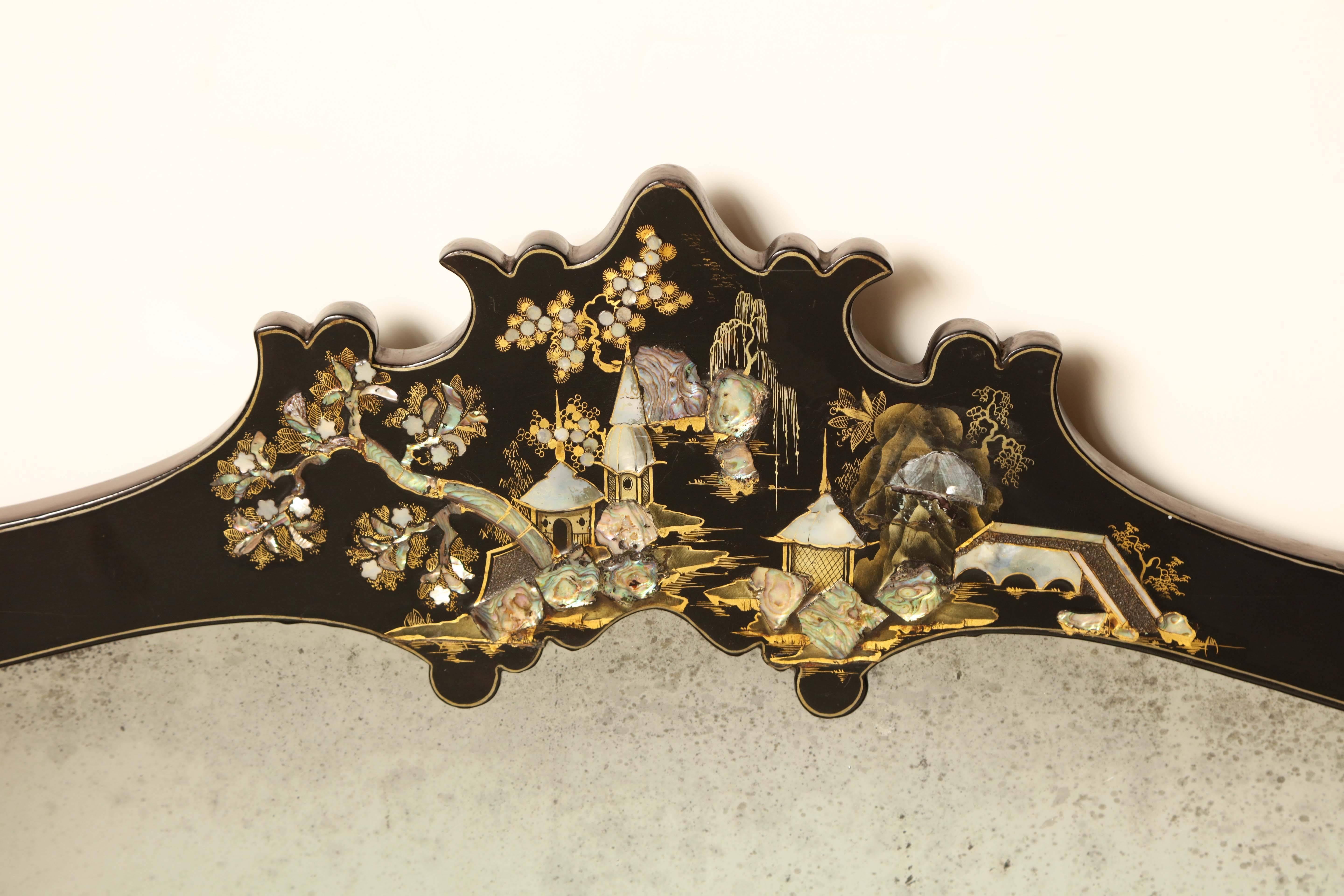 Mid-19th century Japanese lacquer and mother-of-pearl inlay overmantel mirror.