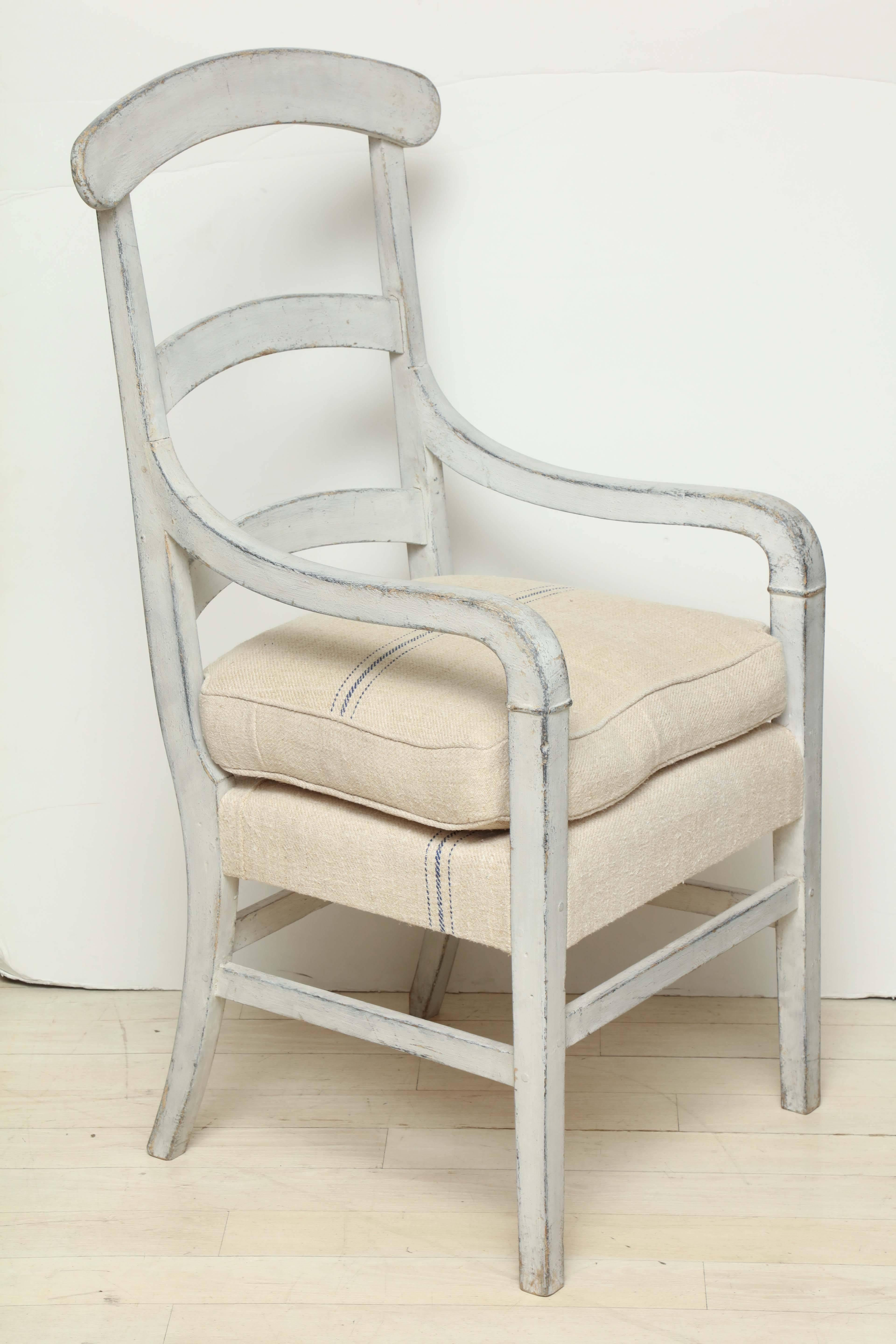 19th Century French Ladder Back Painted Wood Arm Chair with Linen Cushion For Sale 2
