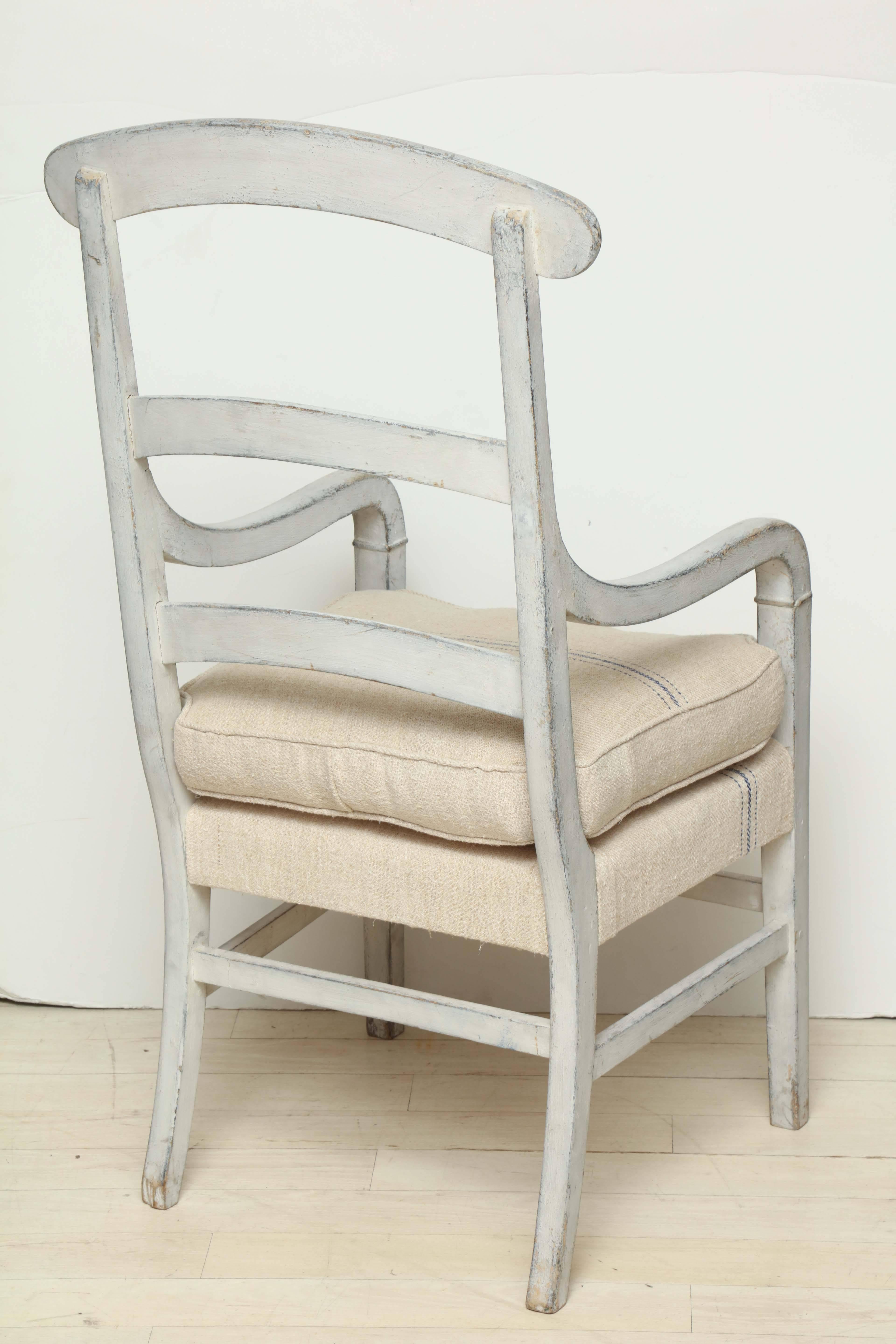 19th Century French Ladder Back Painted Wood Arm Chair with Linen Cushion For Sale 4