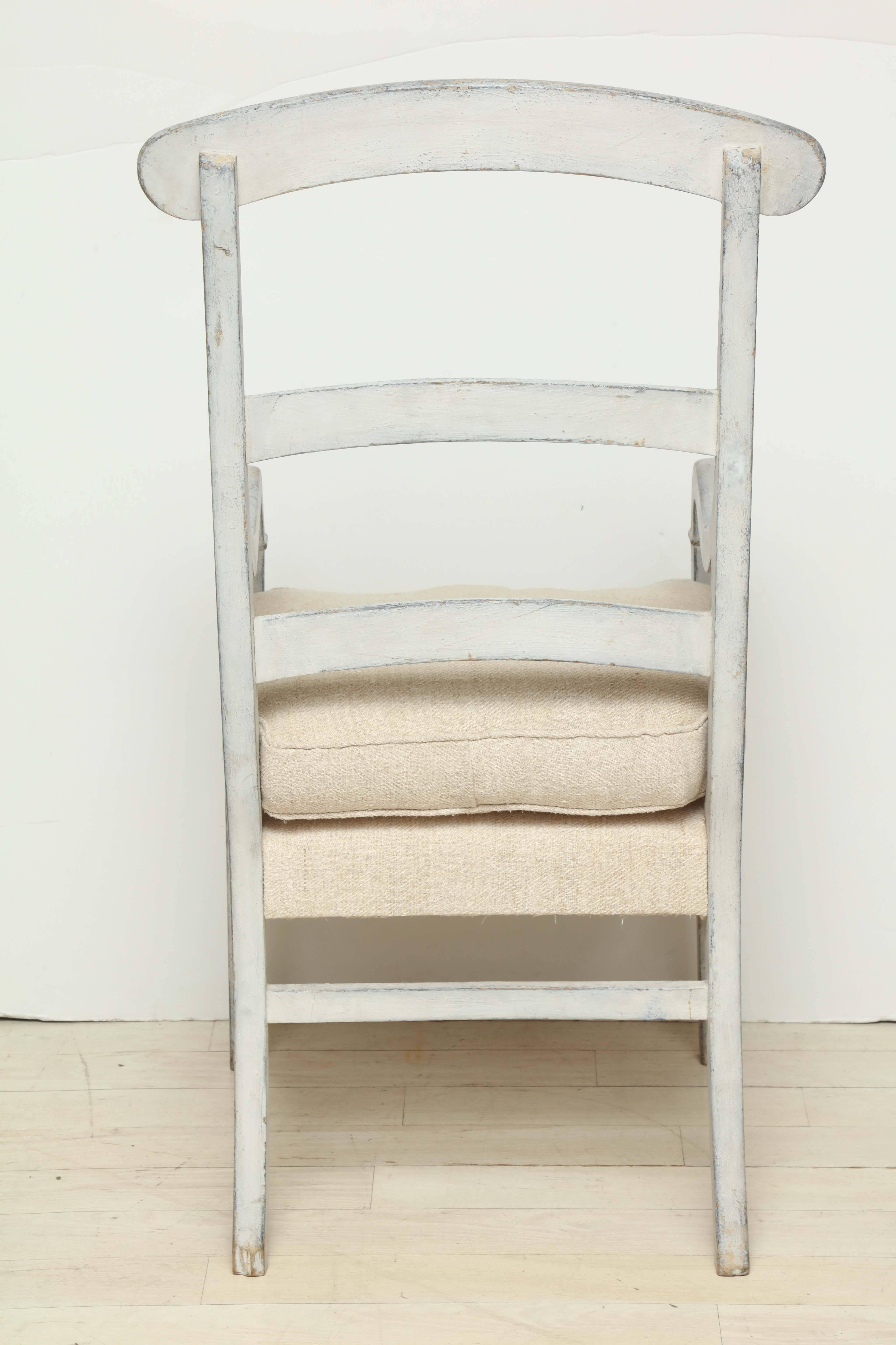 19th Century French Ladder Back Painted Wood Arm Chair with Linen Cushion For Sale 6