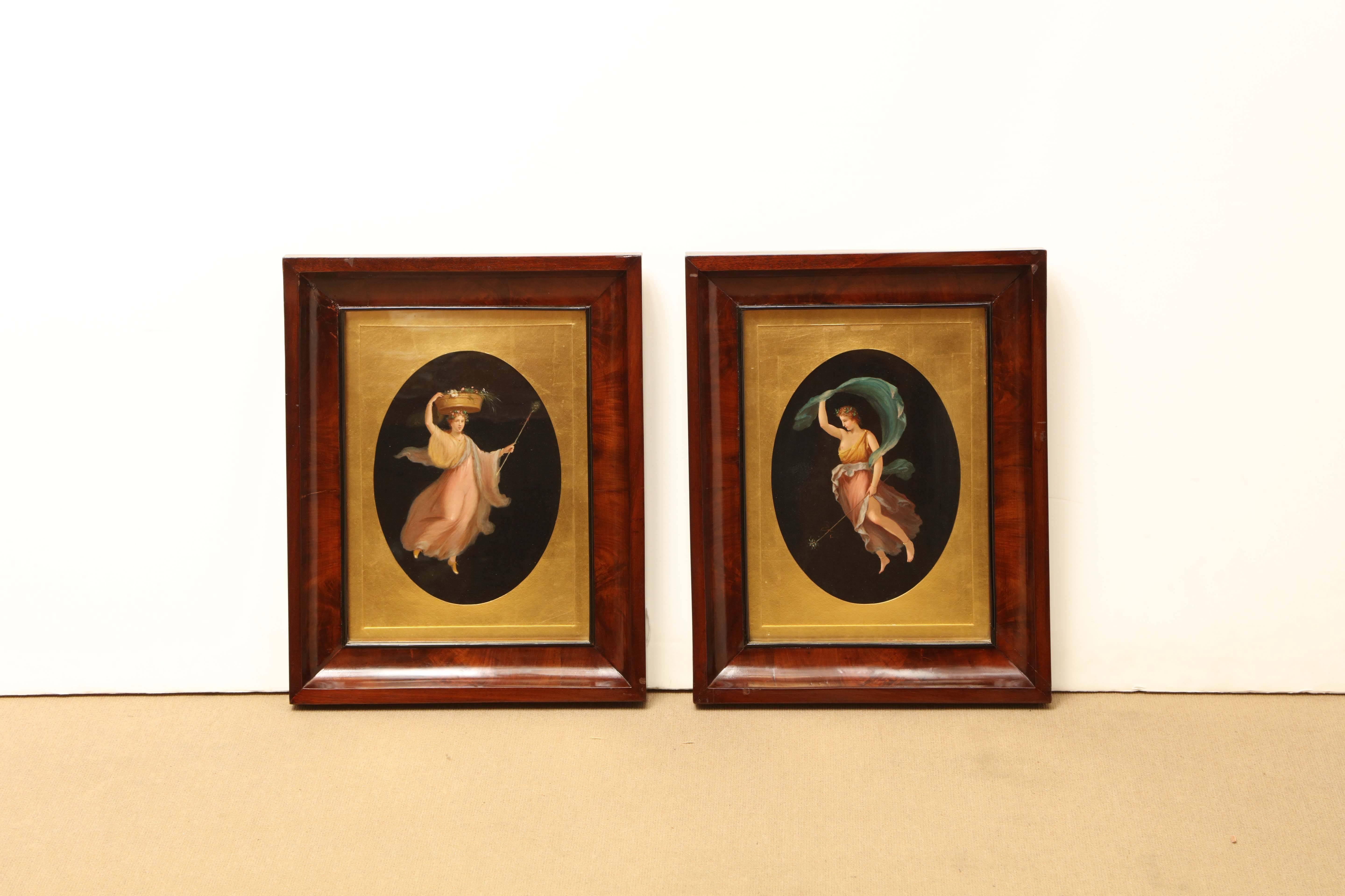 Two 19th century hand coloured engravings of the dancing hours in mahogany frames.