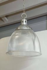Pair of 1940s English Halophane and Aluminium Pendant Light Fixtures