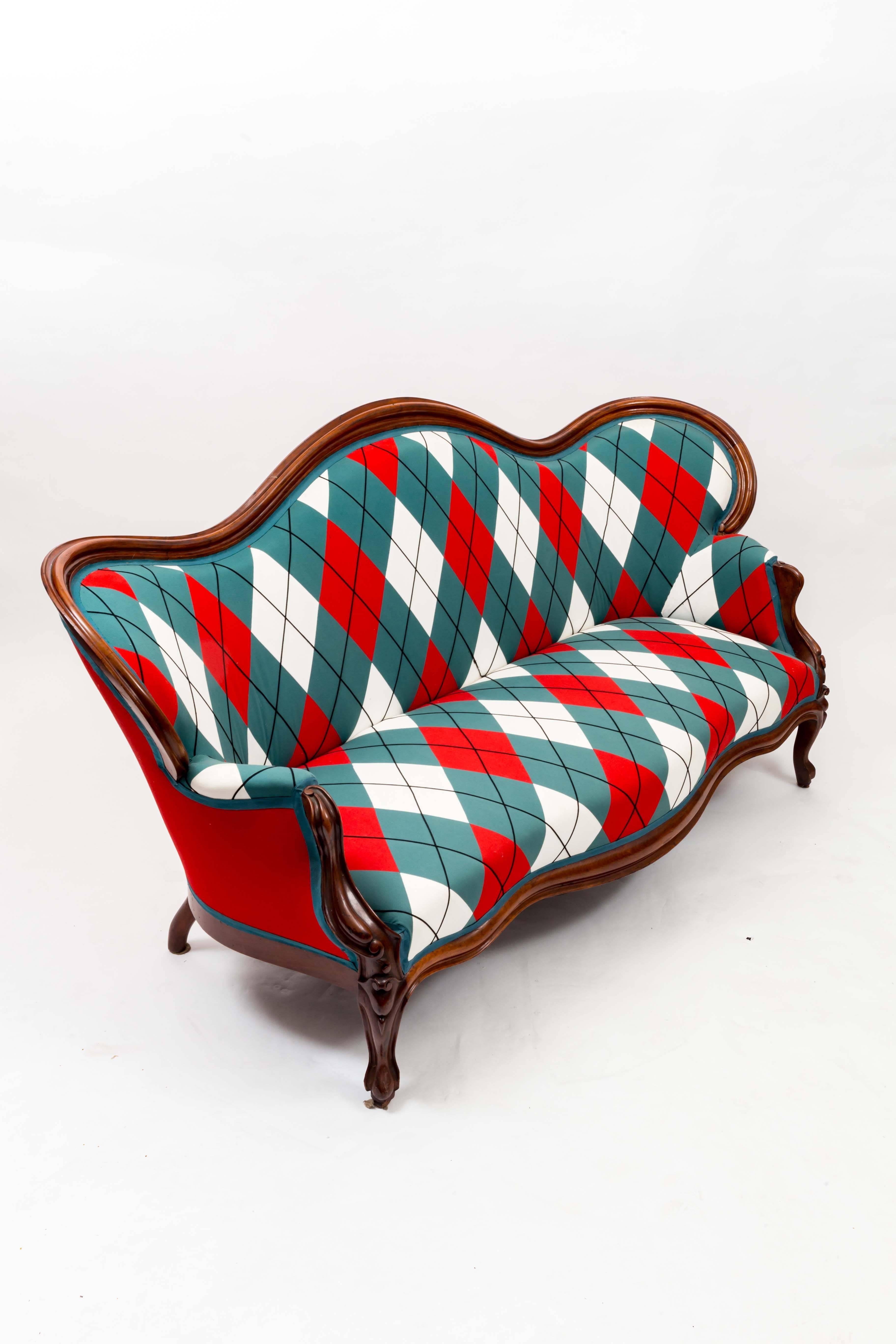 Victorian settee upholstered in custom diamond and Baratta Argyle patchwork. From Anthony Baratta's personal collection.