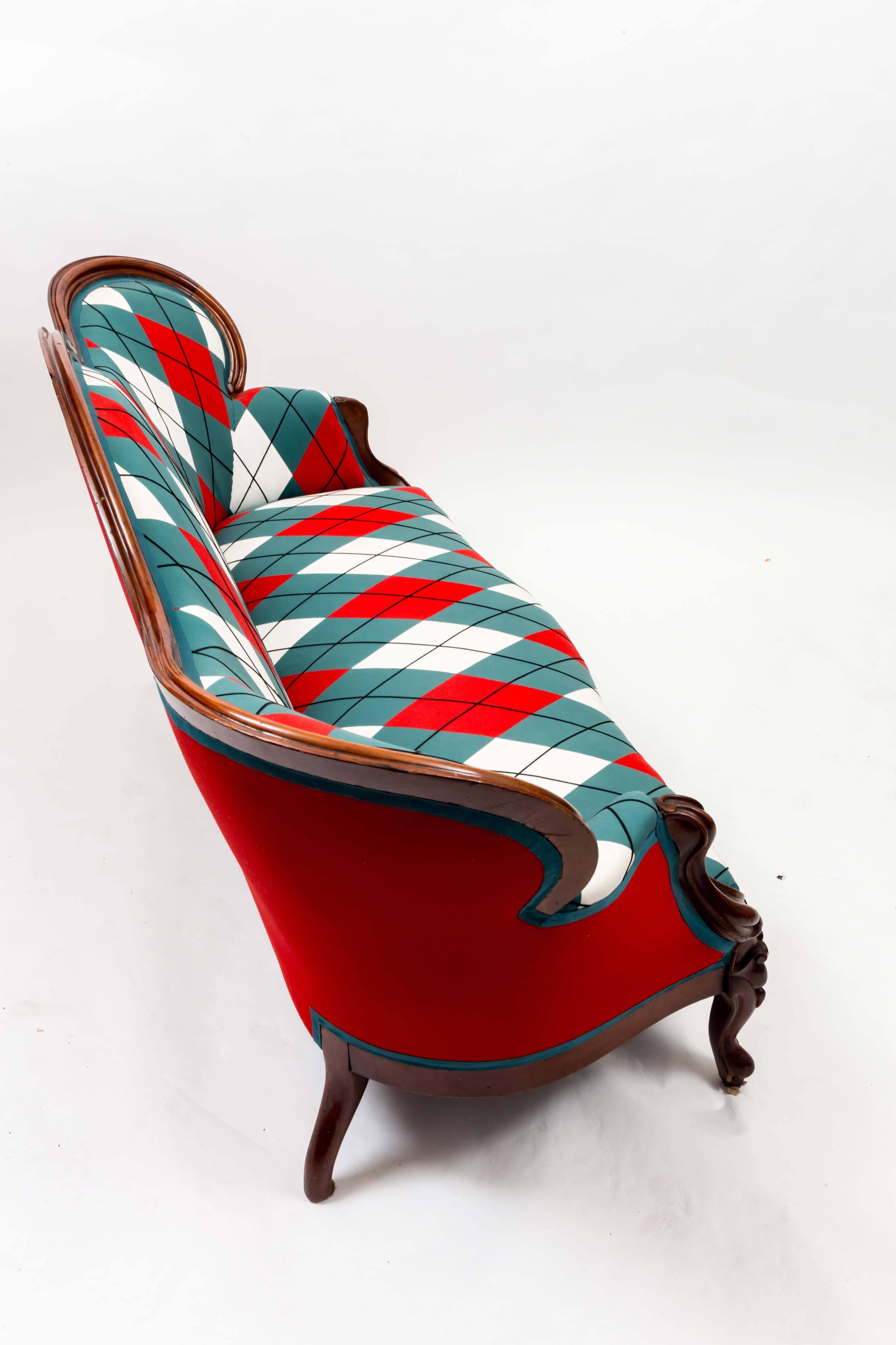 19th Century Victorian Settee Upholstered in Custom Diamond and Baratta Argyle Patchwork