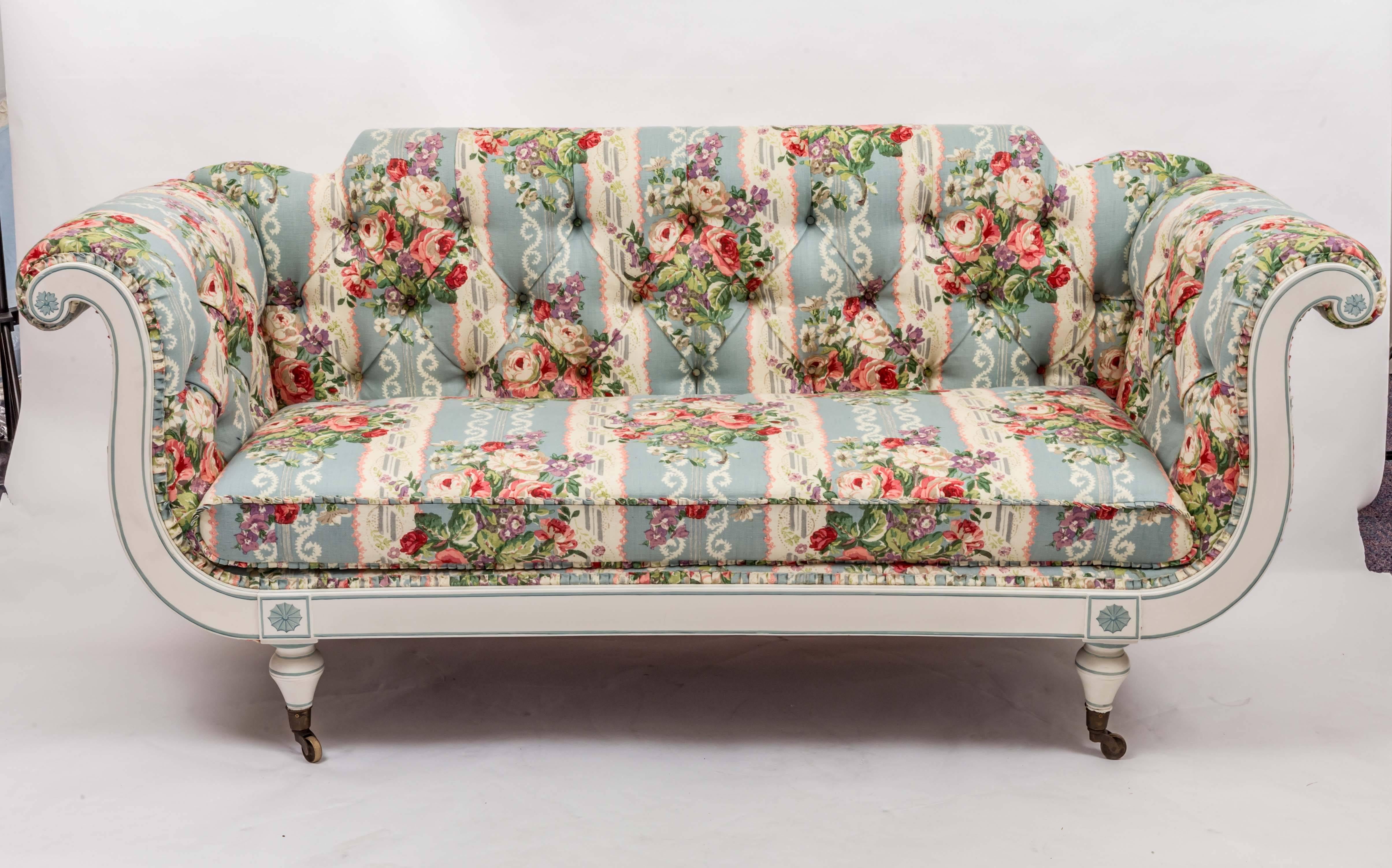 19th Century English Regency Settee in Floral Linen Print Fabric 5