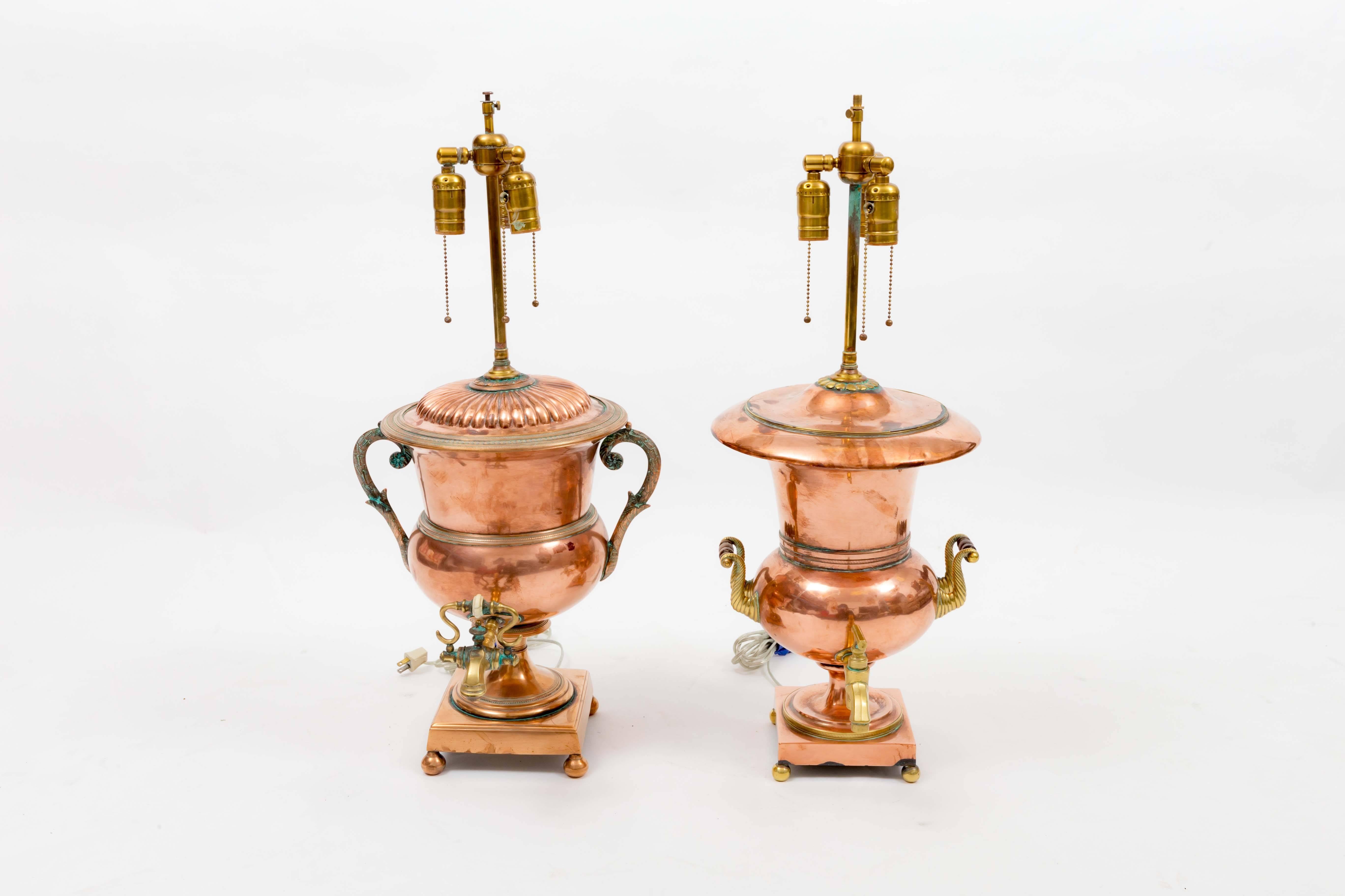 Near pair of copper and brass Russian Samovar urns adapted as lamps. Including custom shades.

Dimensions: 
13" x 14" x 29" H.
12" x 14" x 29" H.
