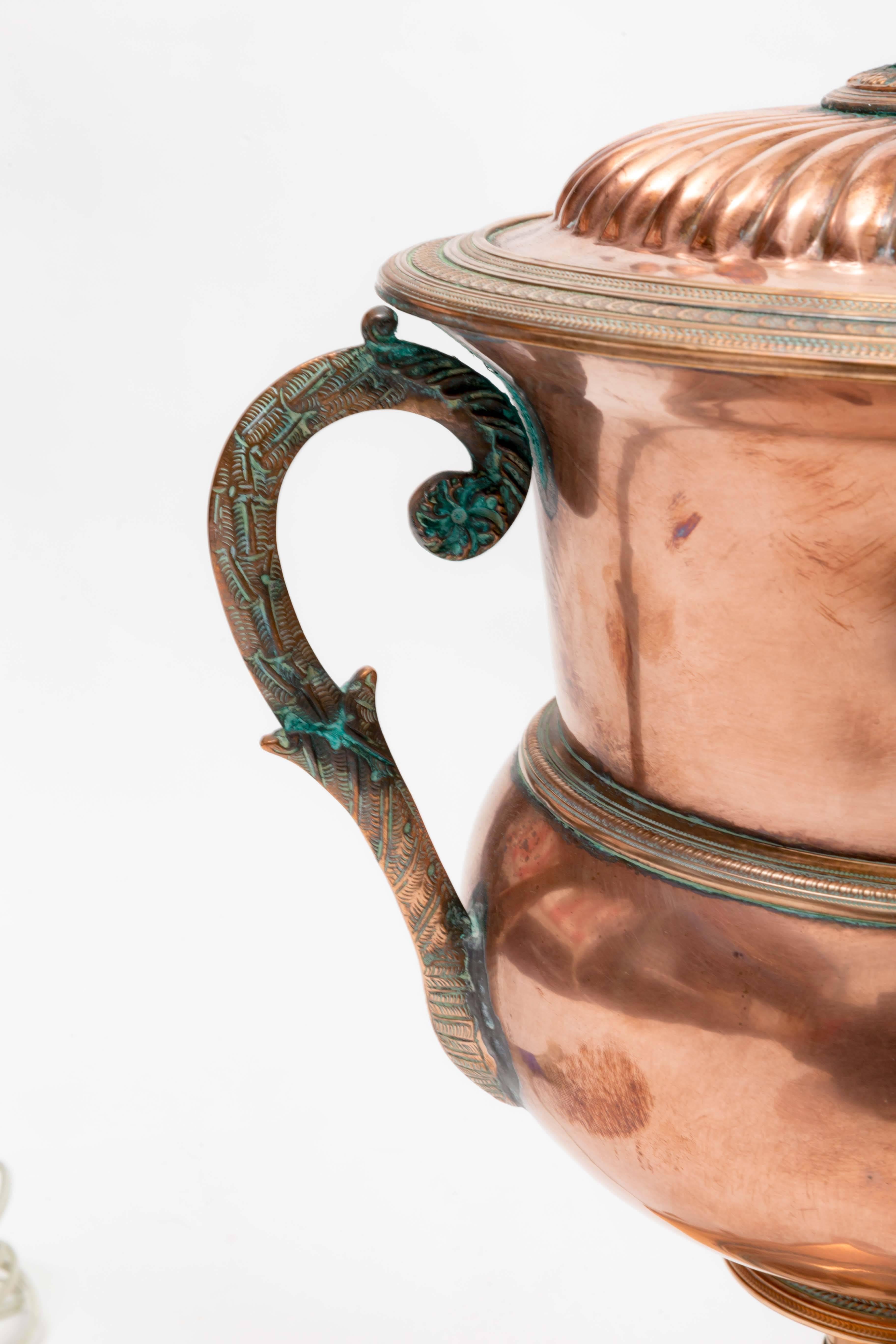 Near Pair of 19th Century Copper and Brass Russian Samovar Urn Lamps In Excellent Condition In New York City, NY