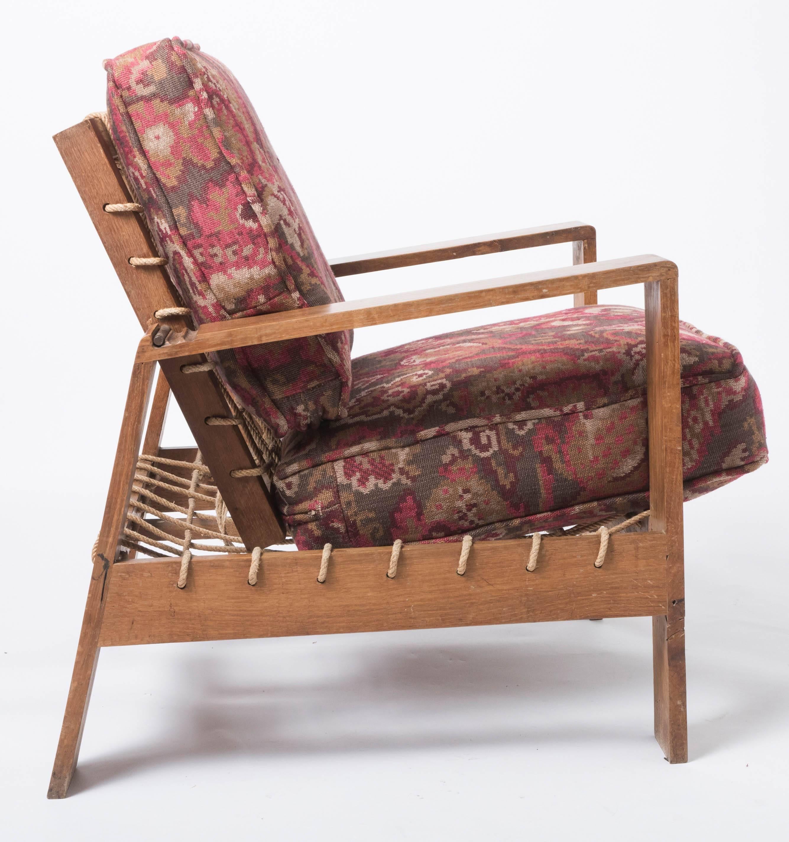 French Pair open back oak armchairs, France circa 1950