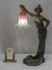 Art Nouveau Bronze and Art Glass Lamp by Villanis