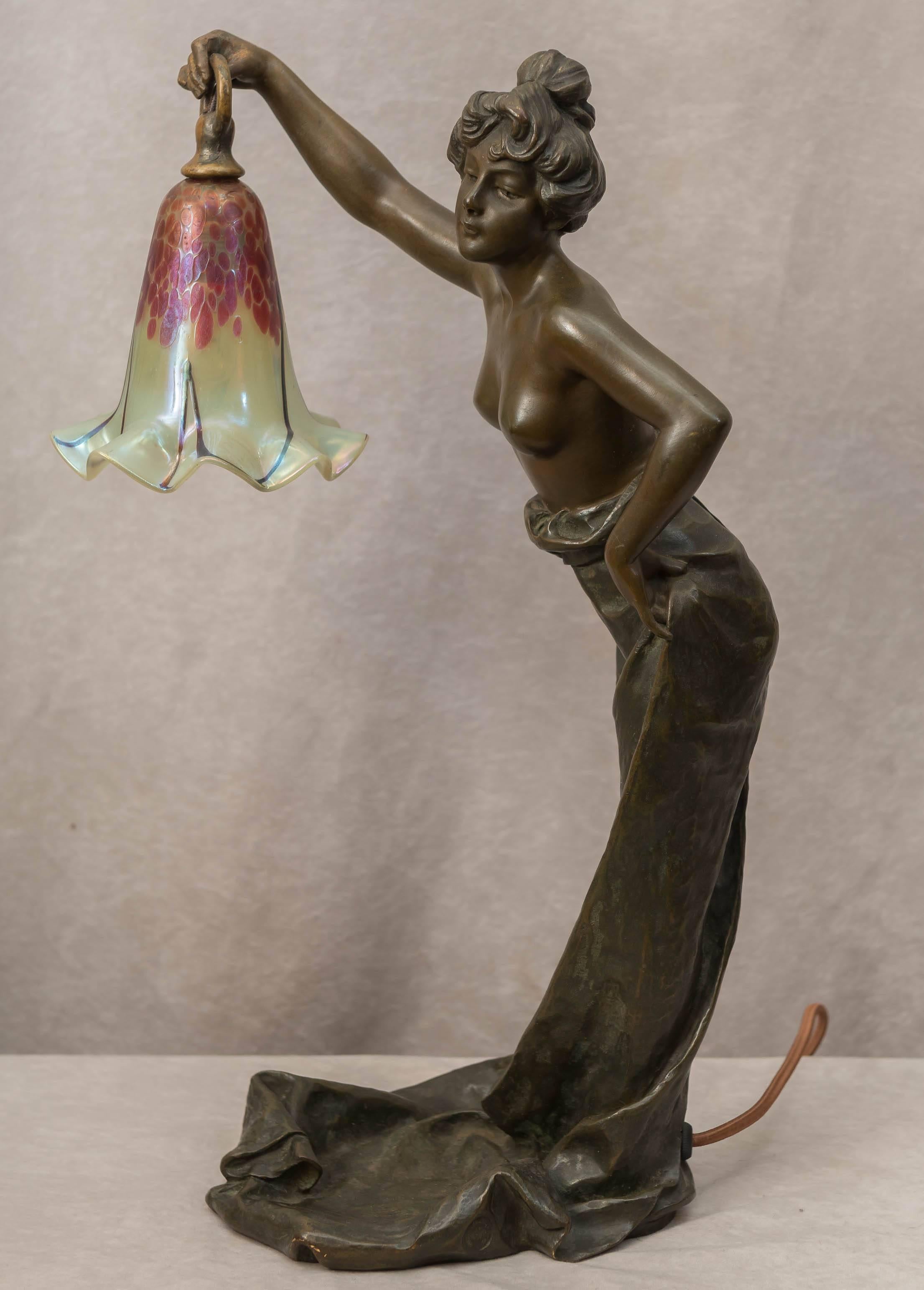 20th Century Art Nouveau Bronze and Art Glass Lamp by Villanis