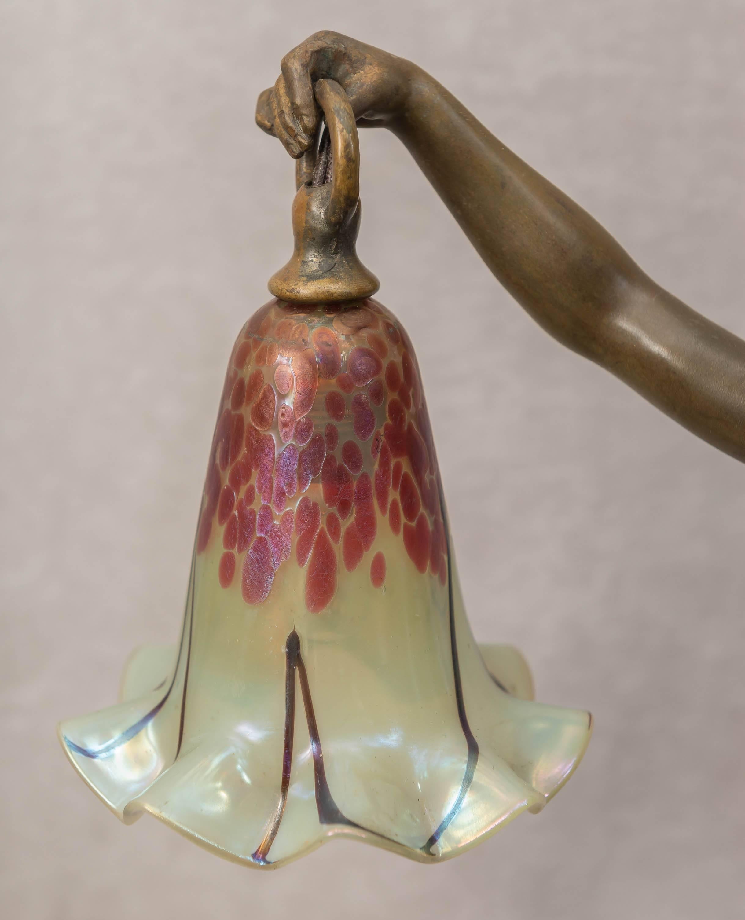 Art Nouveau Bronze and Art Glass Lamp by Villanis 1