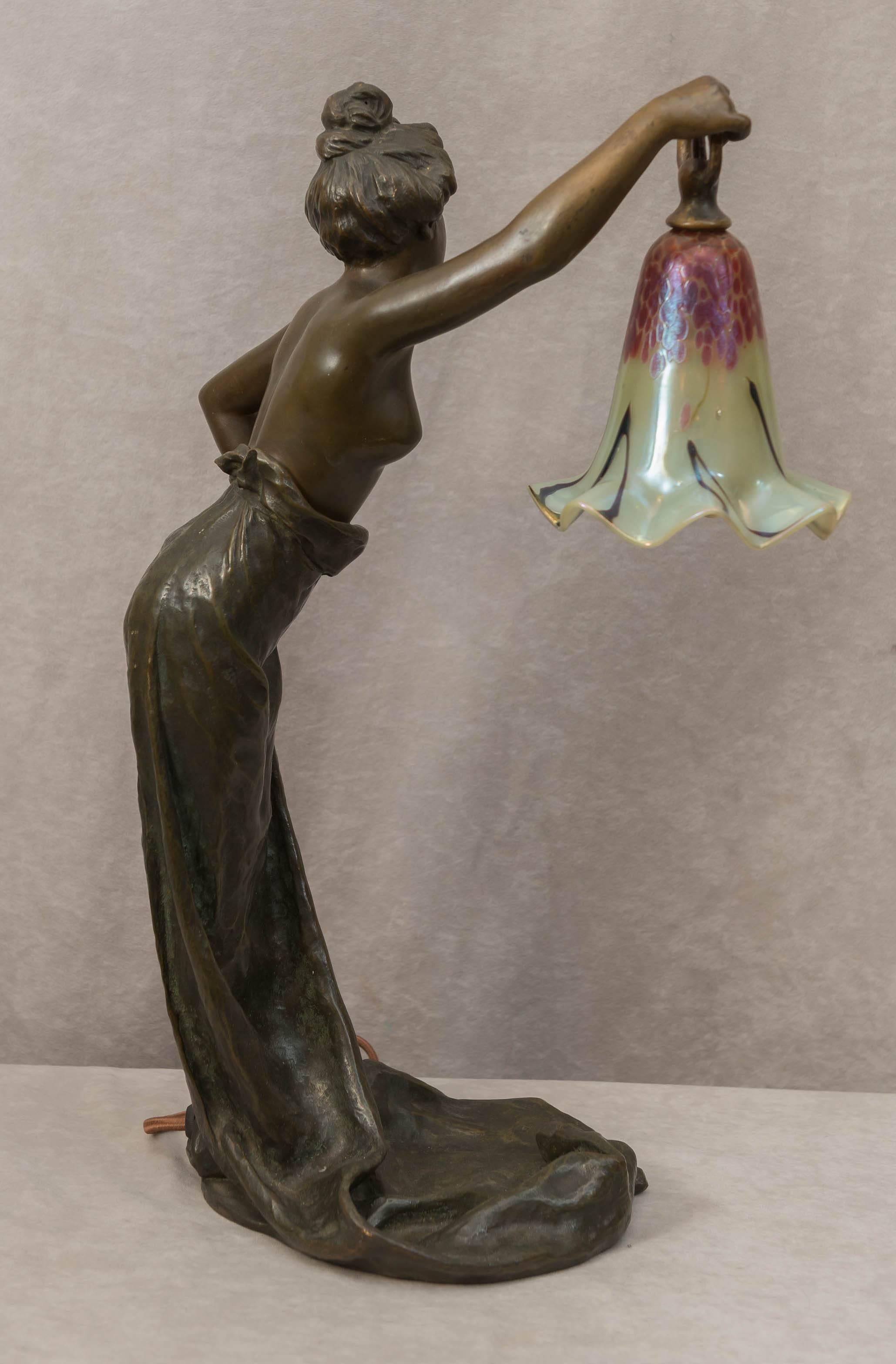 Art Nouveau Bronze and Art Glass Lamp by Villanis 2