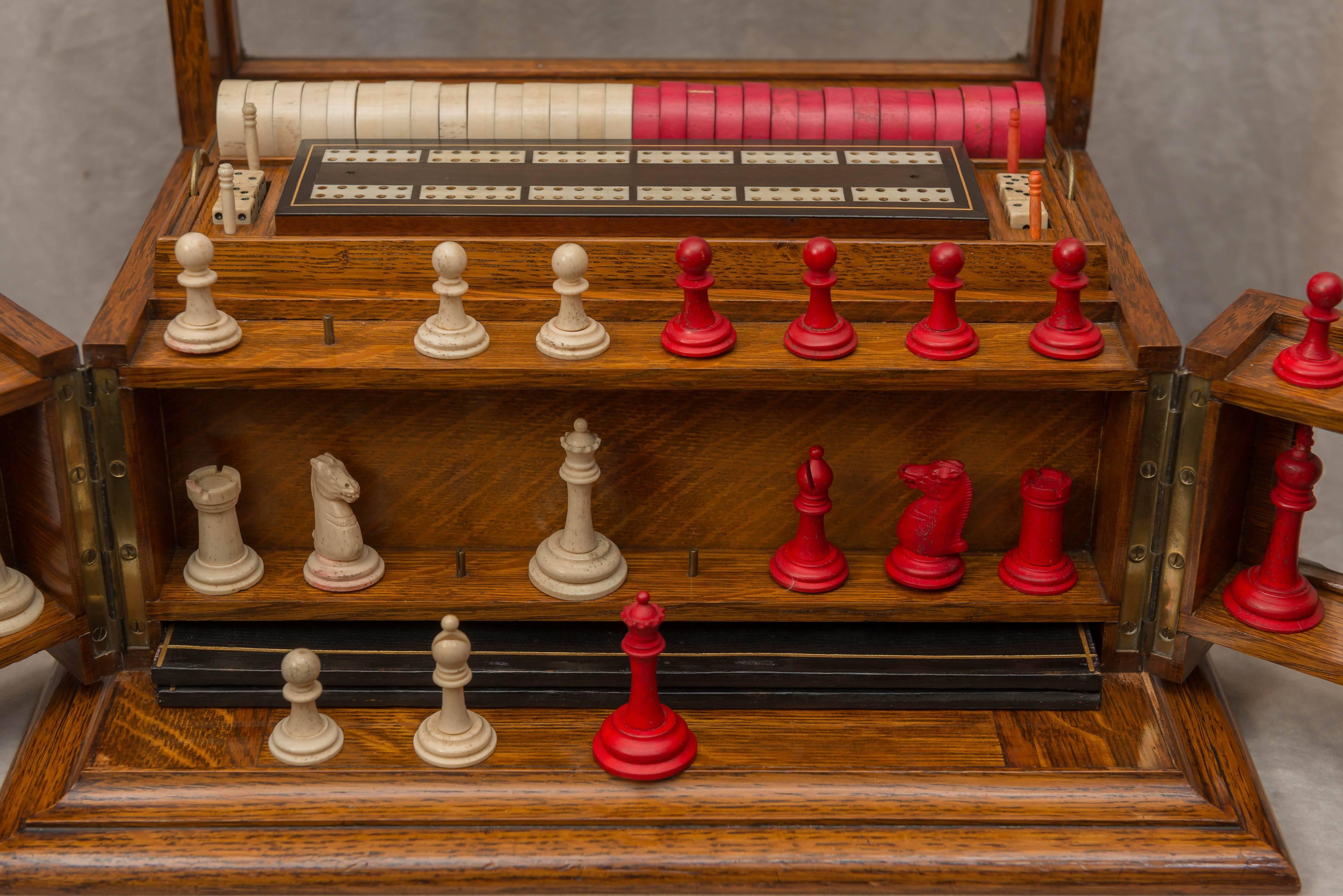 Edwardian Oak Box With Multiple Games, Chess, Checkers, Backgammon and Many Others