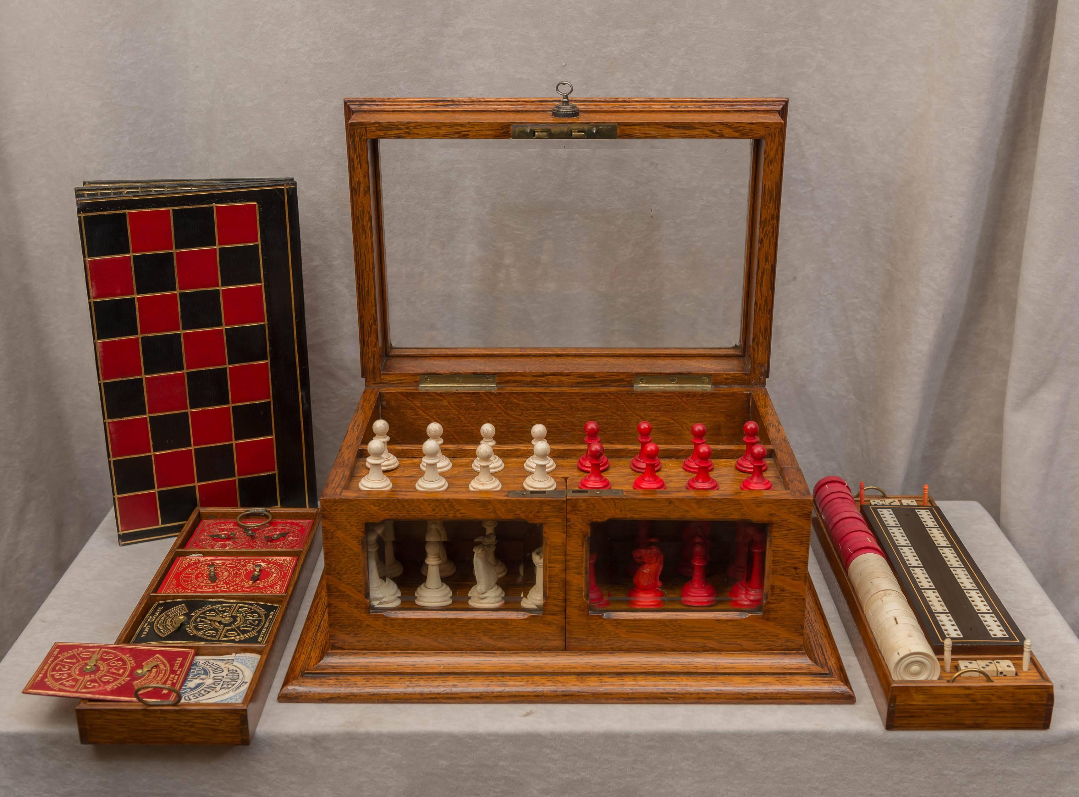 English Oak Box With Multiple Games, Chess, Checkers, Backgammon and Many Others
