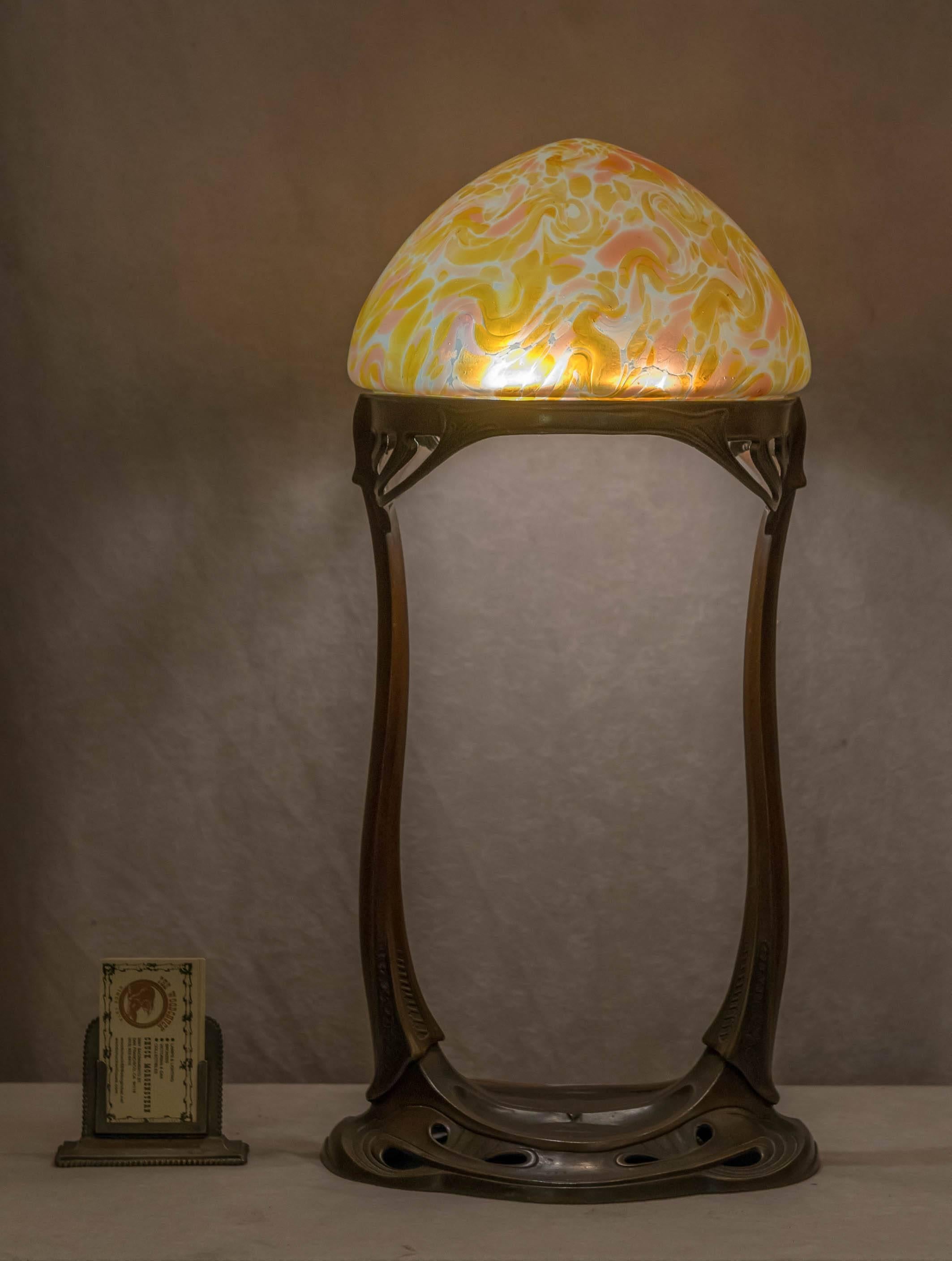 Over the years we have come to favor Austrian lighting over all else. Here is a superb example of this genre. The lamp base is signed by the renown sculptor Gurschner. Gustav Gurschner (AUSTRIAN, 1873-1970). Mr. Gurschner is considered one of the