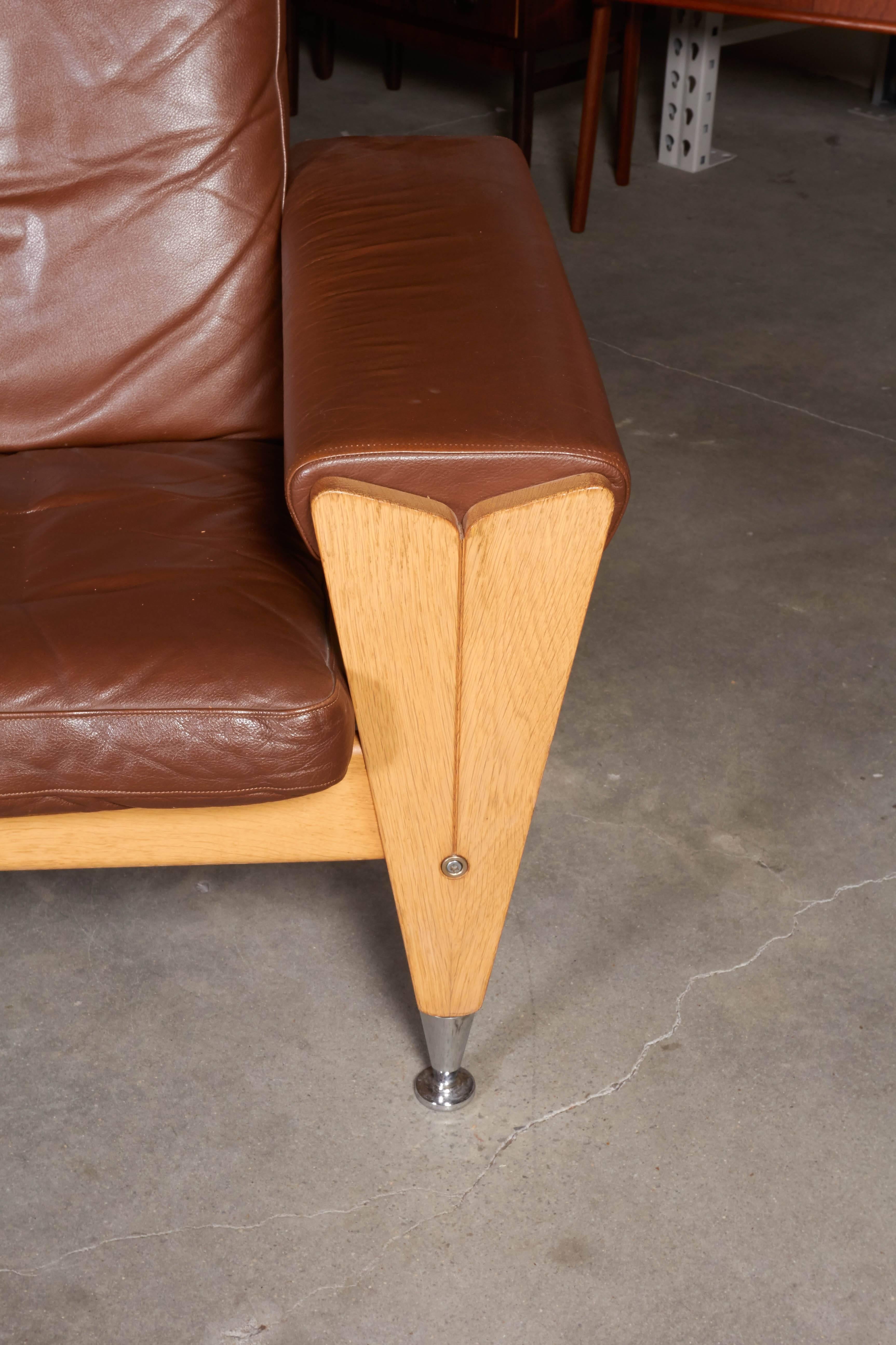 Scandinavian Modern Mid Century Brown Leather Sofa by Hans Wegner