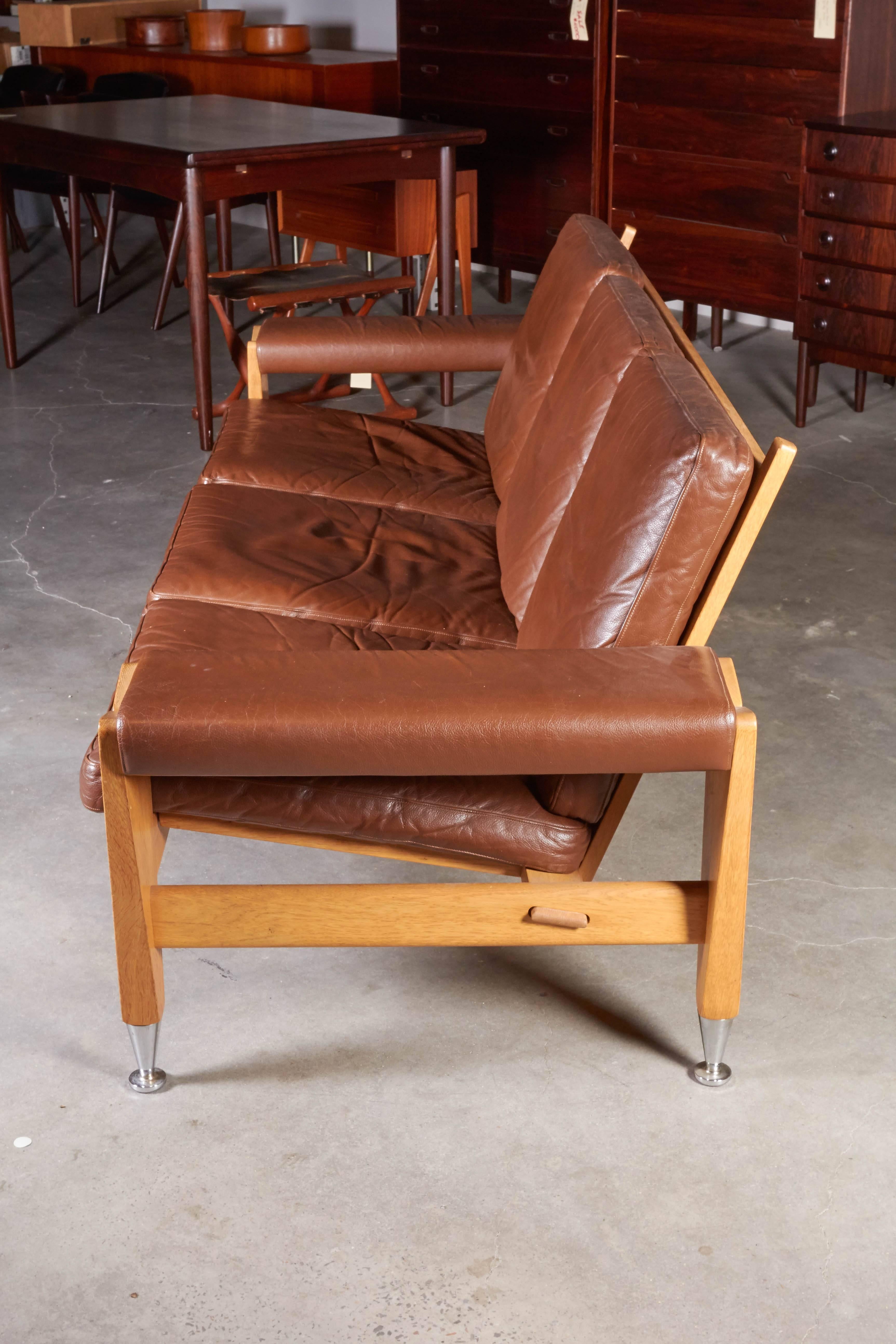 Danish Mid Century Brown Leather Sofa by Hans Wegner
