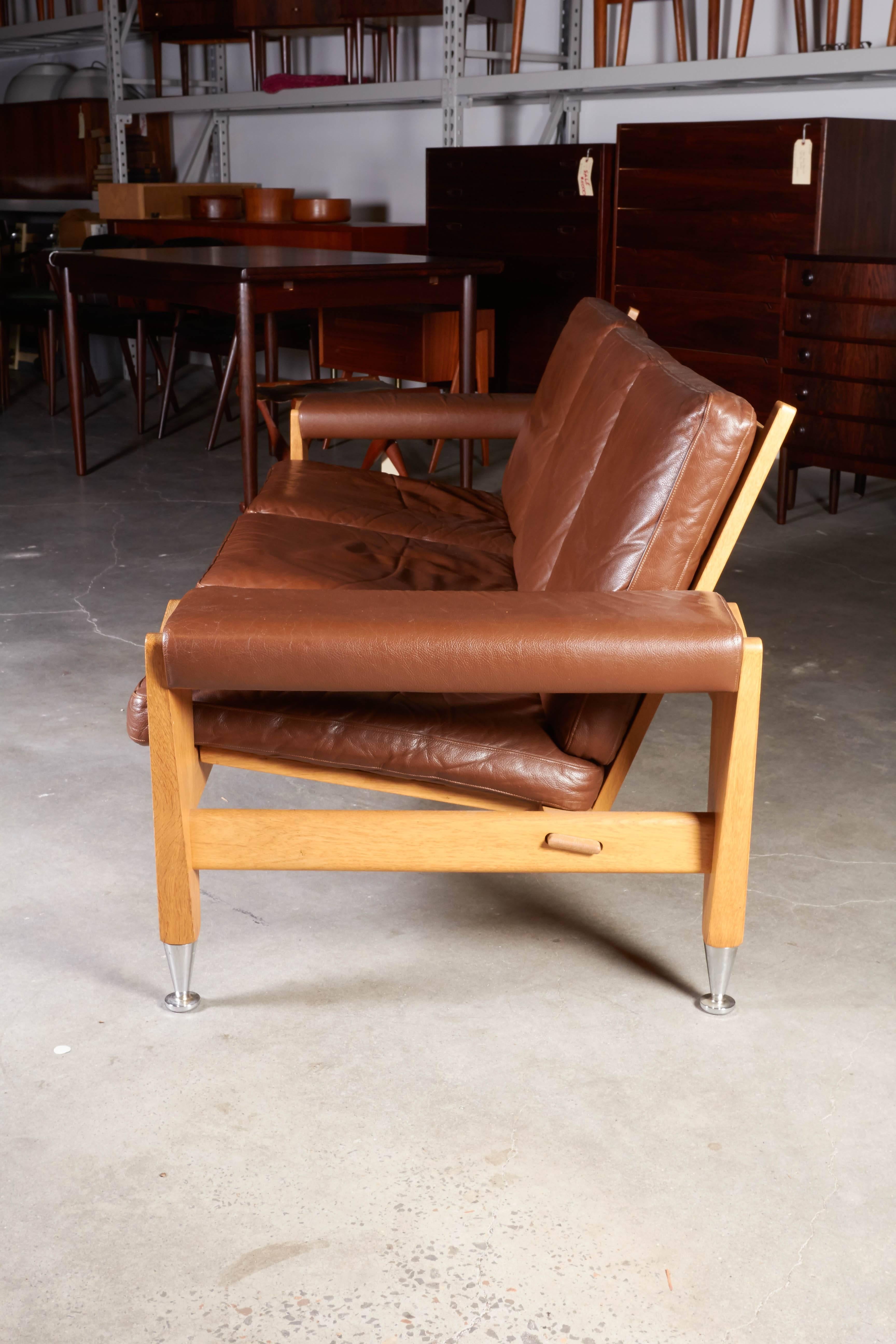 Oiled Mid Century Brown Leather Sofa by Hans Wegner