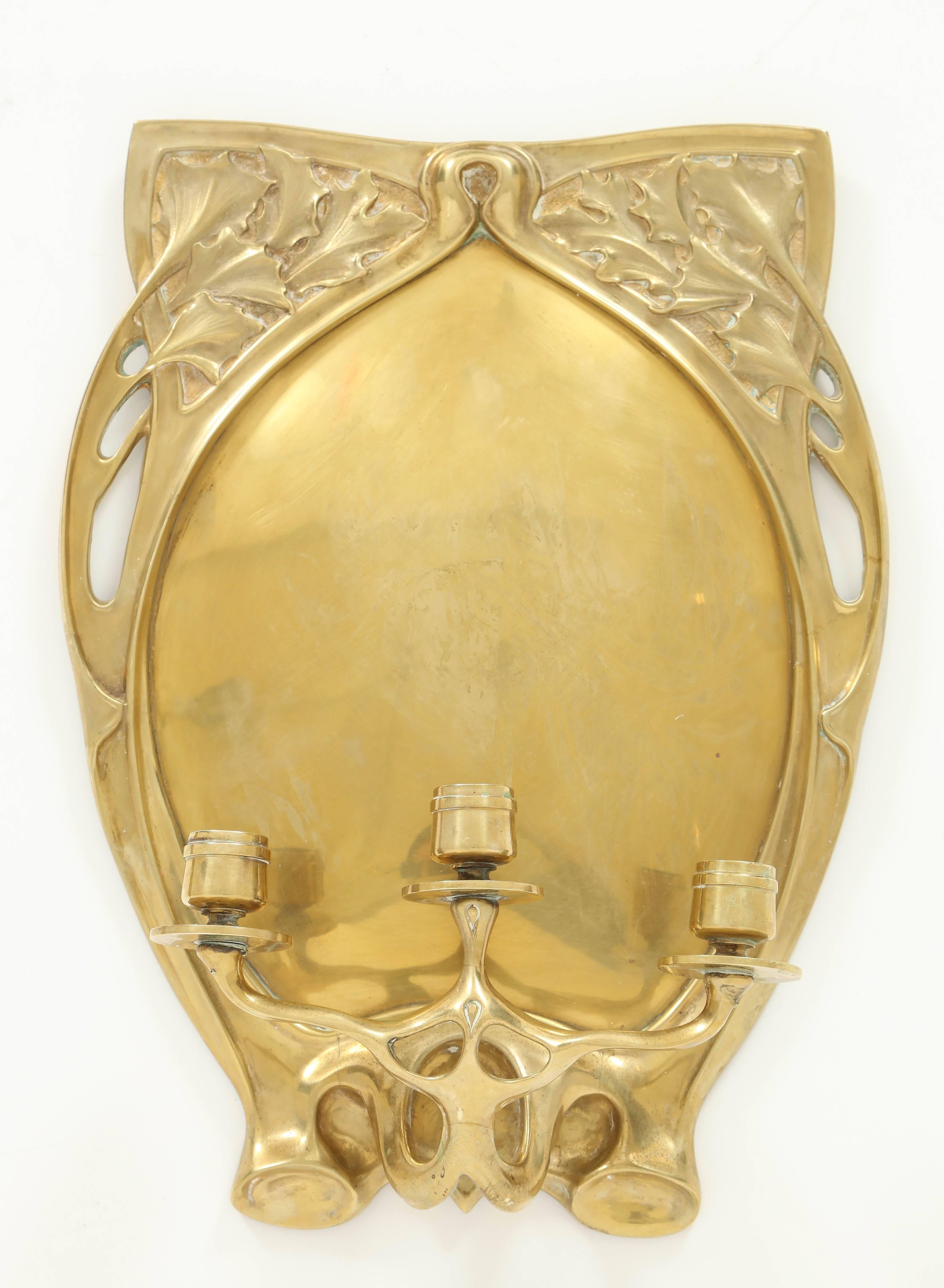 Belgian Pair of Art Nouveau Brass Candle Sconces For Sale